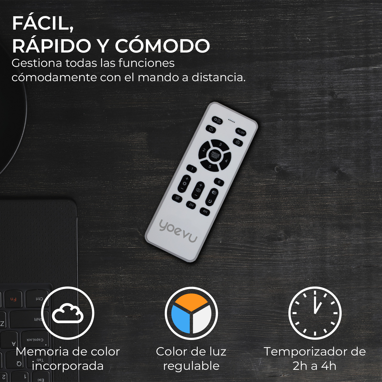Un mando a distancia blanco con botones está sobre una superficie de madera oscura. Texto e iconos lo rodean.