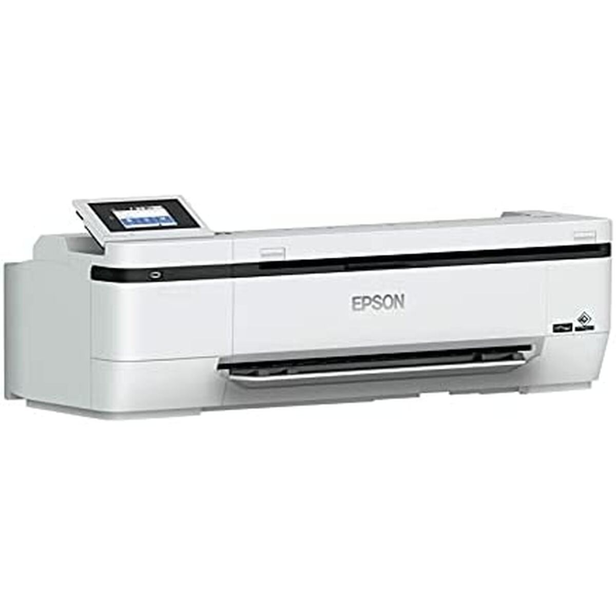 Biała drukarka Epson. Ma mały ekran na górze i tacę na papier na dole. Widoczne jest logo Epson.