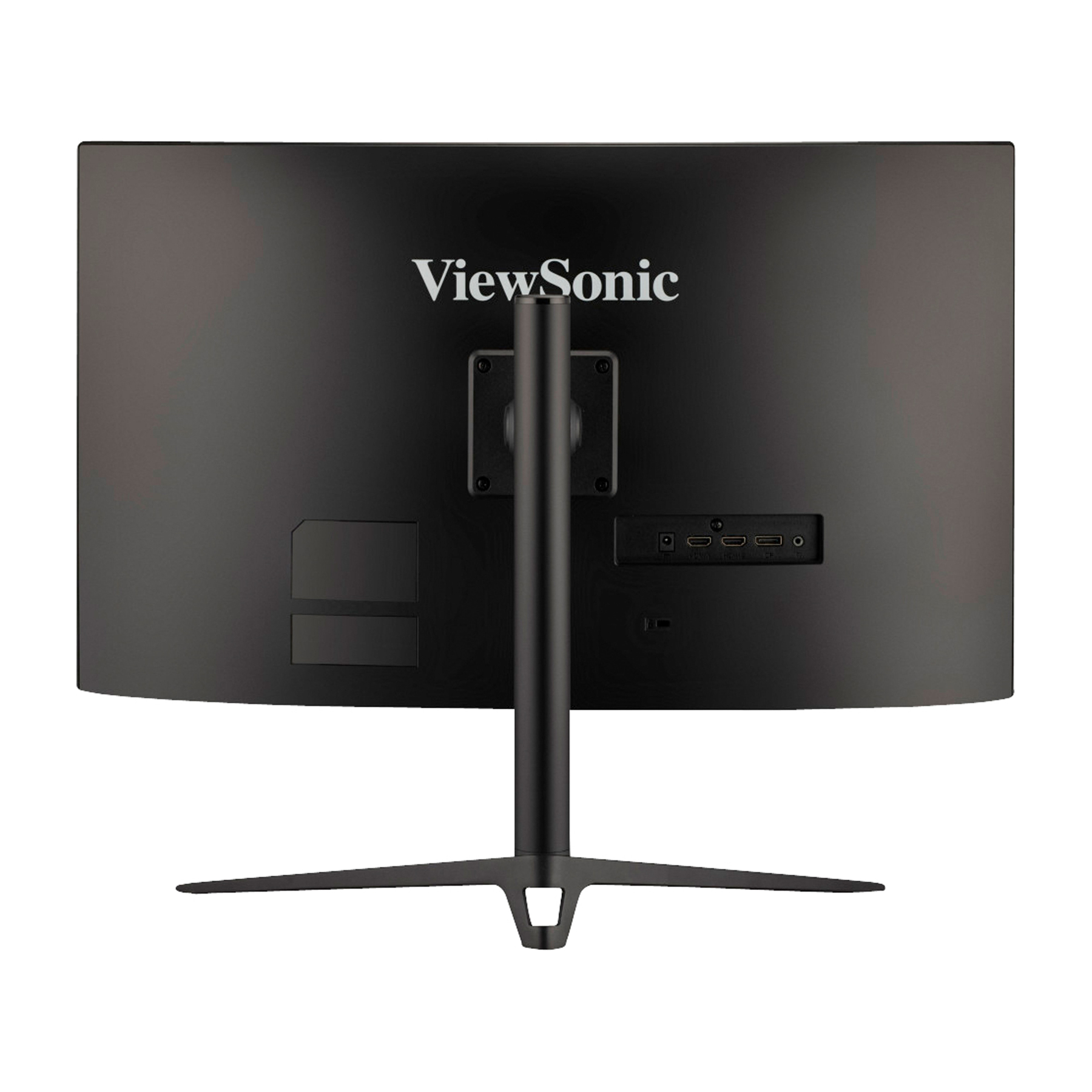 Widok z tyłu czarnego monitora ViewSonic. Ma podstawę i różne porty.