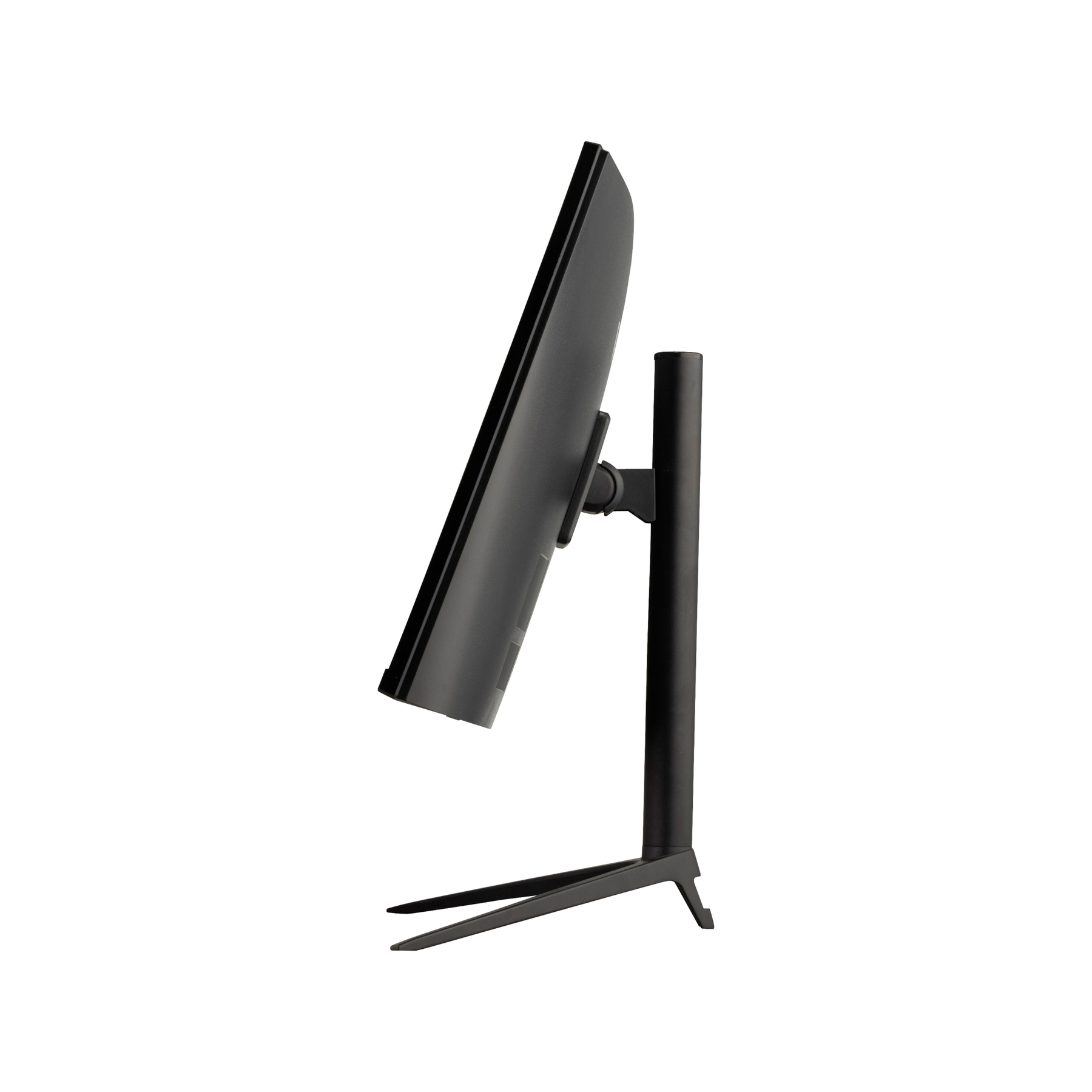 Czarny monitor komputera, widok z boku, na czarnym stojaku. Ekran jest pochylony. Białe tło.