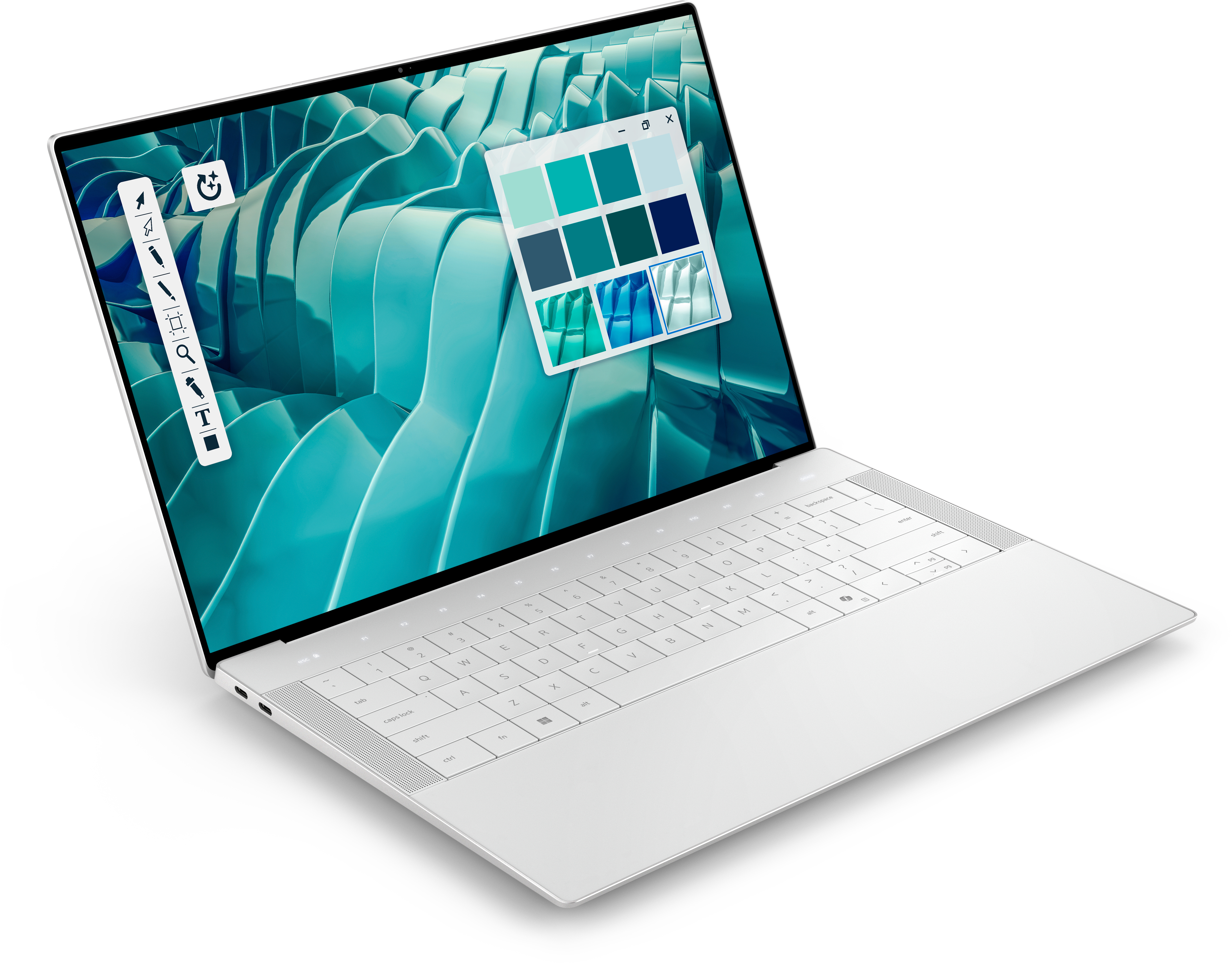Un laptop bianco con schermo che mostra un design astratto e opzioni di palette colori turchesi. Strumenti a sinistra.