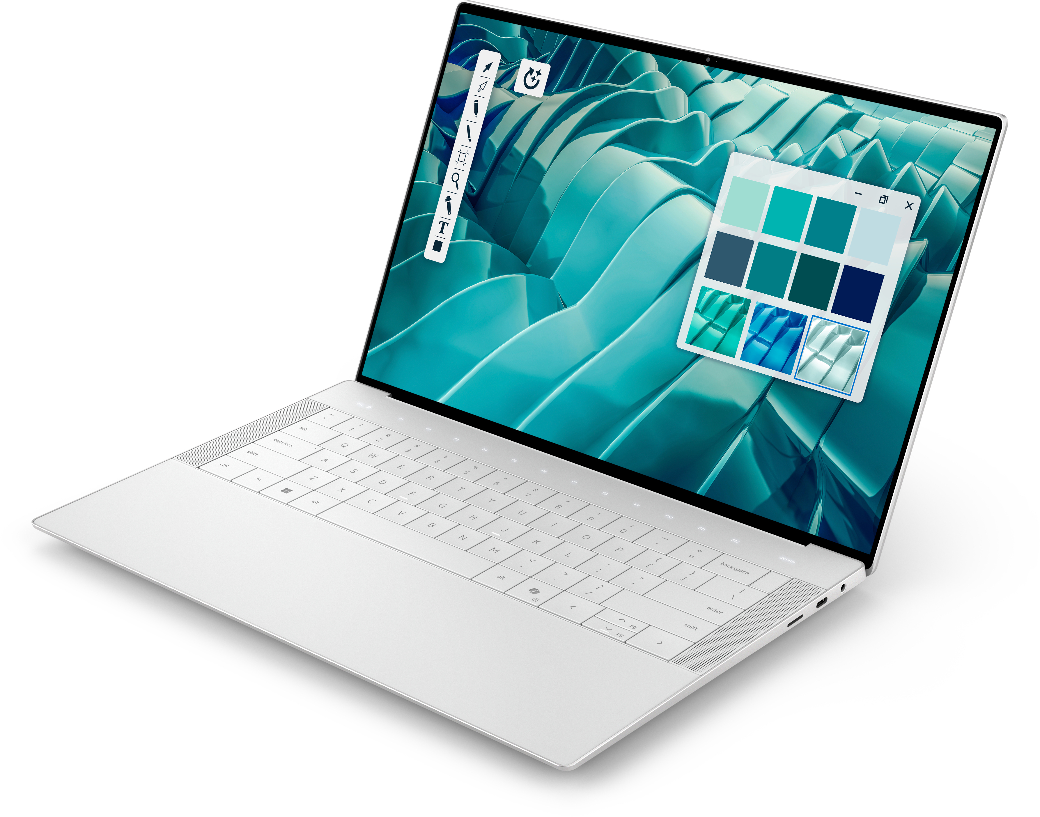 Un laptop argentato mostra uno sfondo astratto turchese con tavolozza colori e strumenti di disegno.