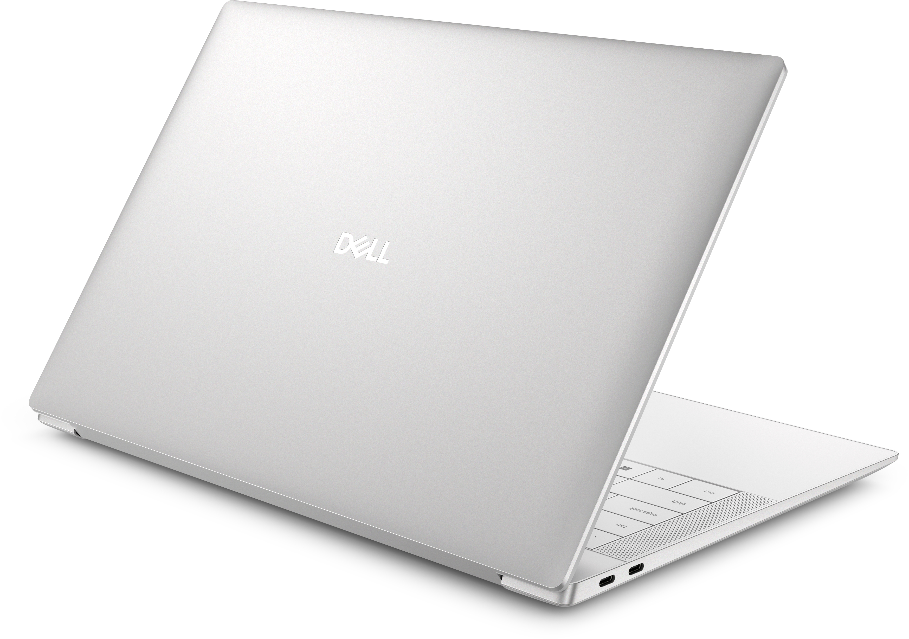 Viene mostrato un laptop Dell argentato. Il coperchio è aperto, rivelando una tastiera. Il logo Dell è visibile.