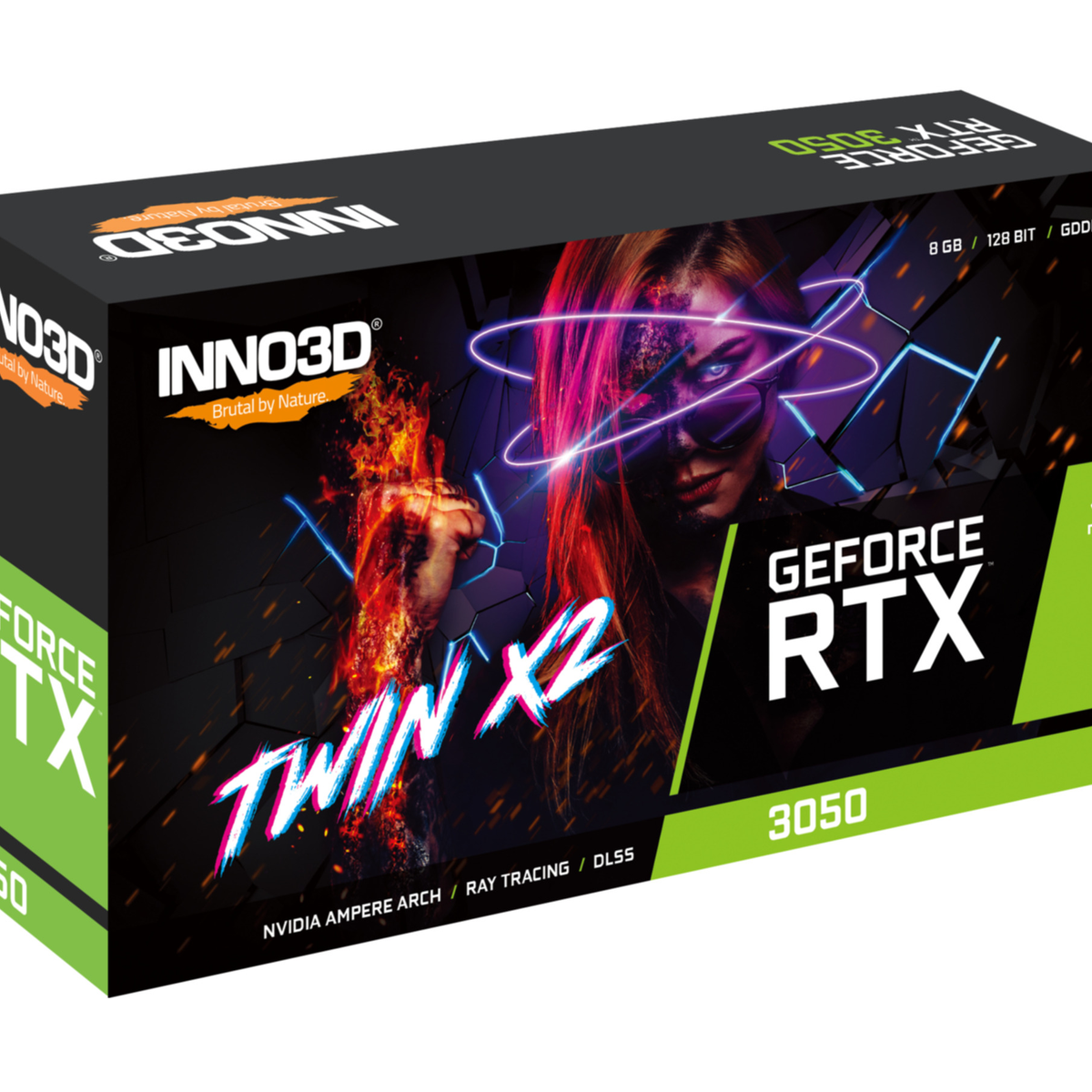 Graphics card box with a woman's face, flames, and neon graphics. Text includes "INNO3D," "GeForce RTX," and "Twin X2 3050."