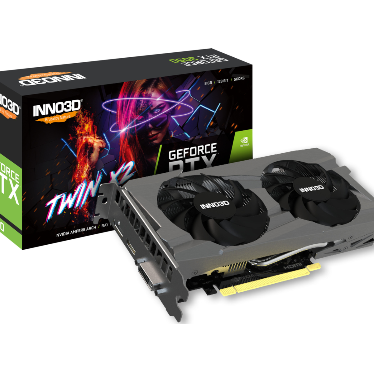 A graphics card with a box behind it. The box features a woman's face and the words GeForce RTX. The card has two fans.