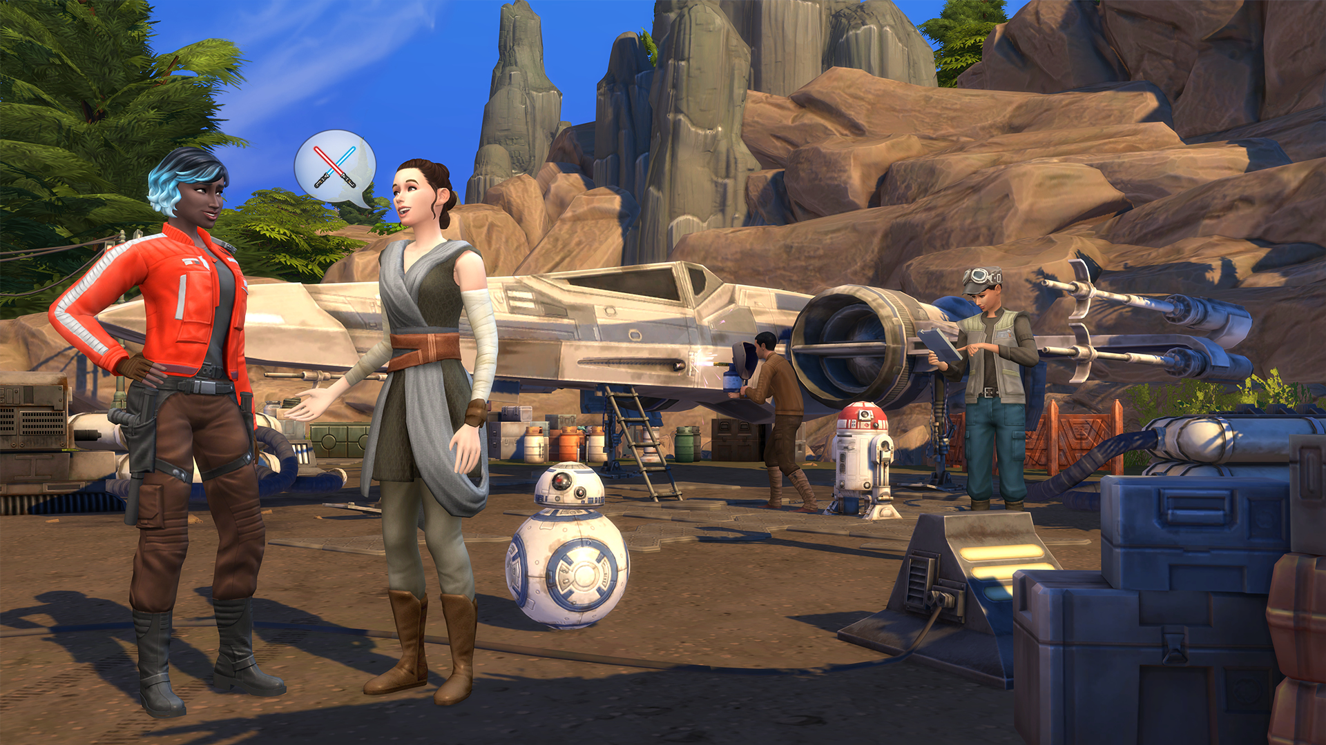 I personaggi di Star Wars sono in un hangar. Una nave è sullo sfondo. R2-D2 e BB-8 sono presenti. Rey e Poe Dameron.