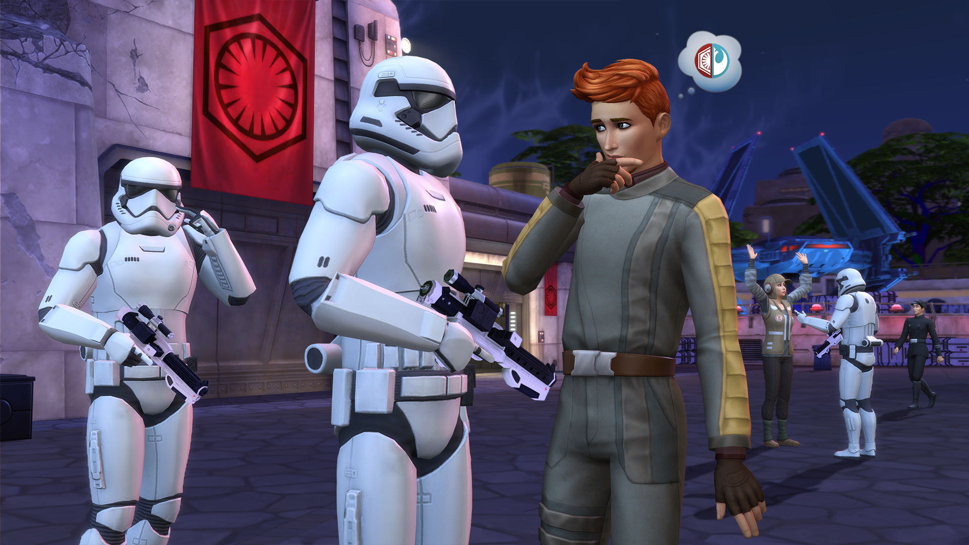 Stormtrooper con blaster di fronte a un uomo in grigio con capelli rossi. Altre figure e una bandiera rossa sullo sfondo.
