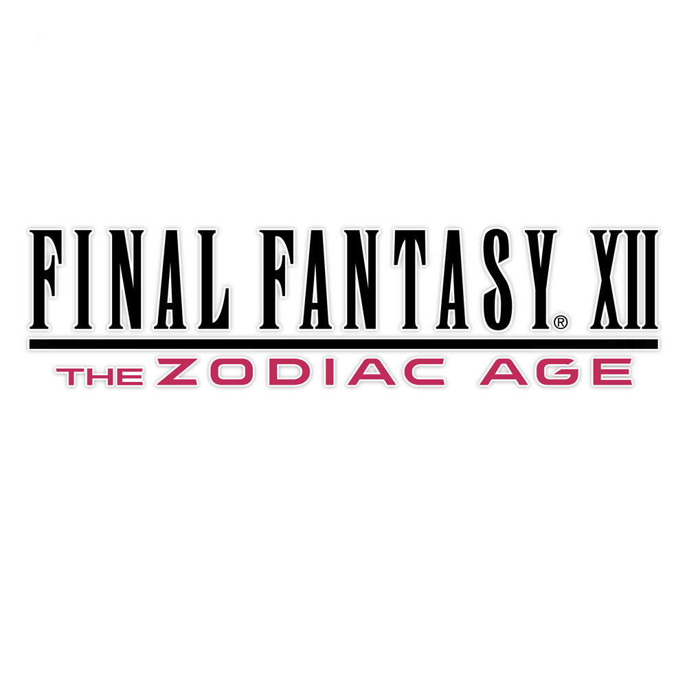Logo Final Fantasy XII: The Zodiac Age. Czarny tekst na białym tle. Zawiera czarną linię i czerwony tekst.