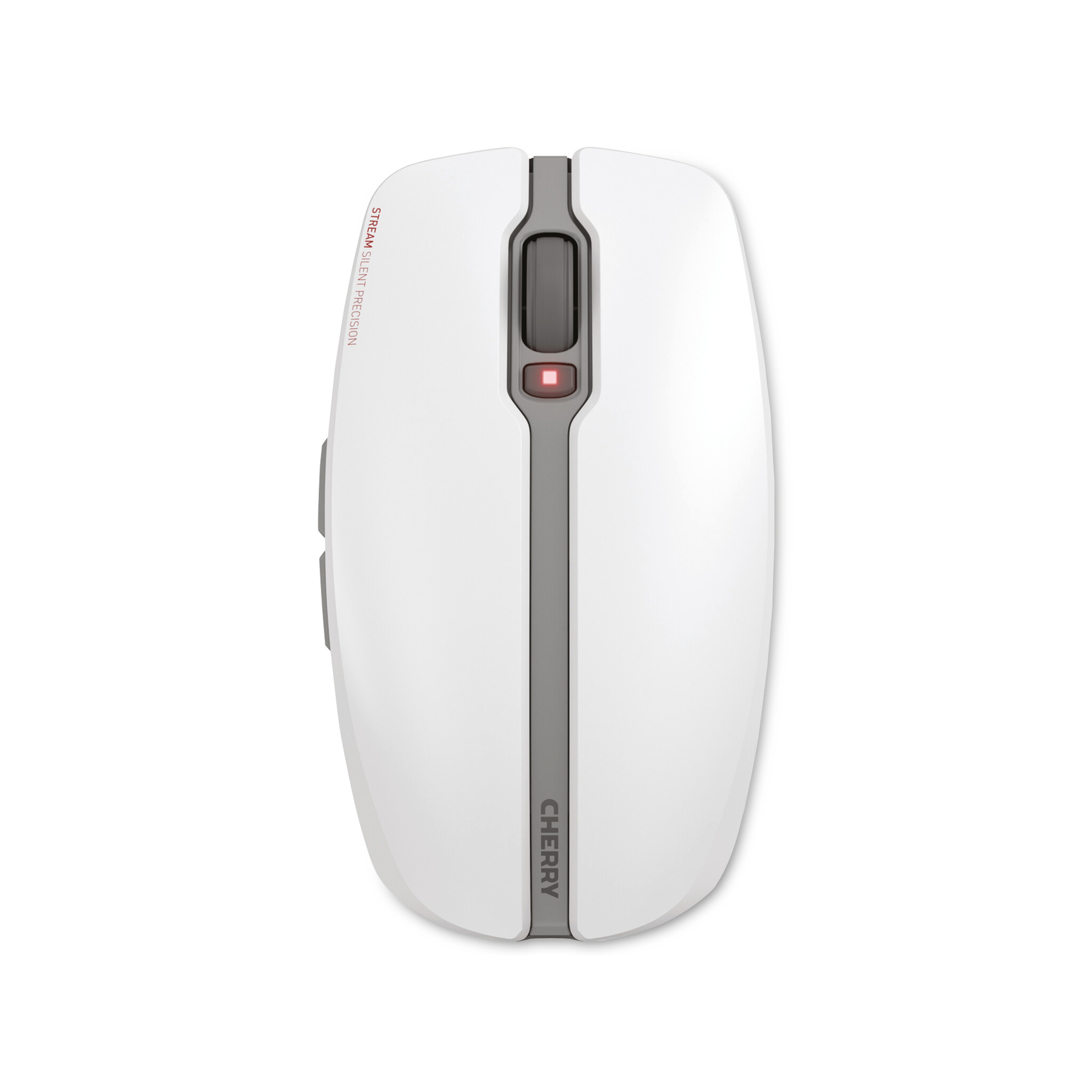 Biała mysz komputerowa z szarymi akcentami. Mysz ma dwa przyciski z boku i kółko przewijania. Marka to Cherry.
