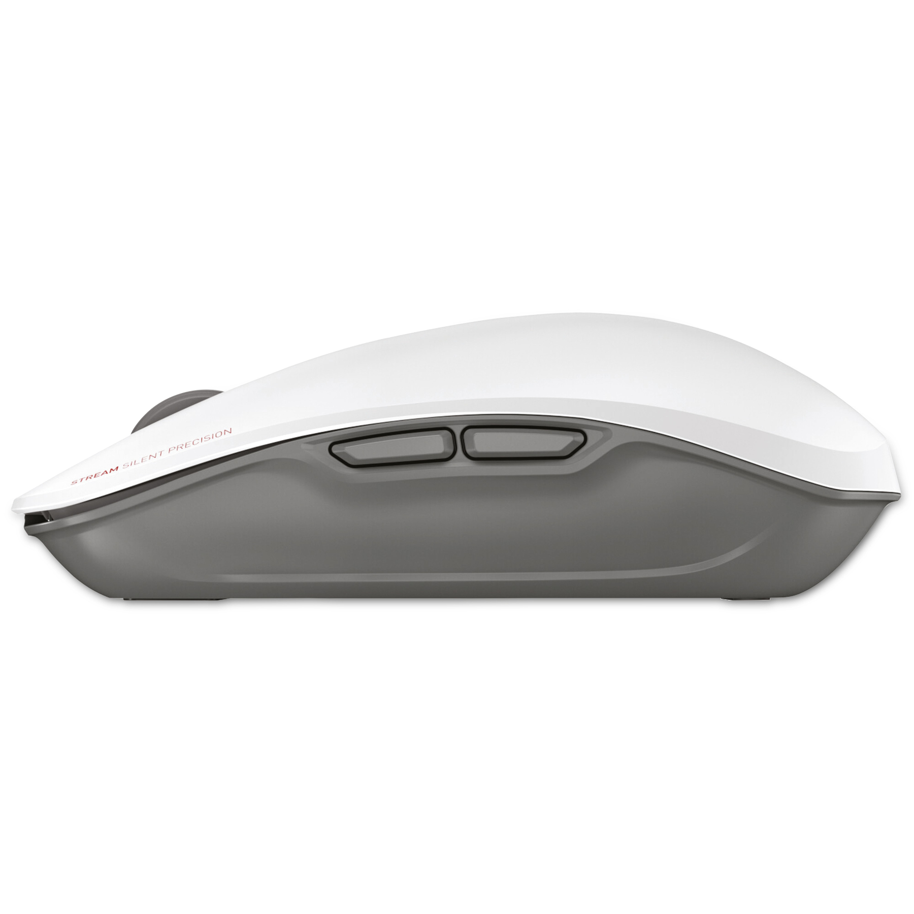 Biało-szara mysz komputerowa. Ma dwa przyciski, a na niej wydrukowano napis 'STREAM SILENT PRECISION'.