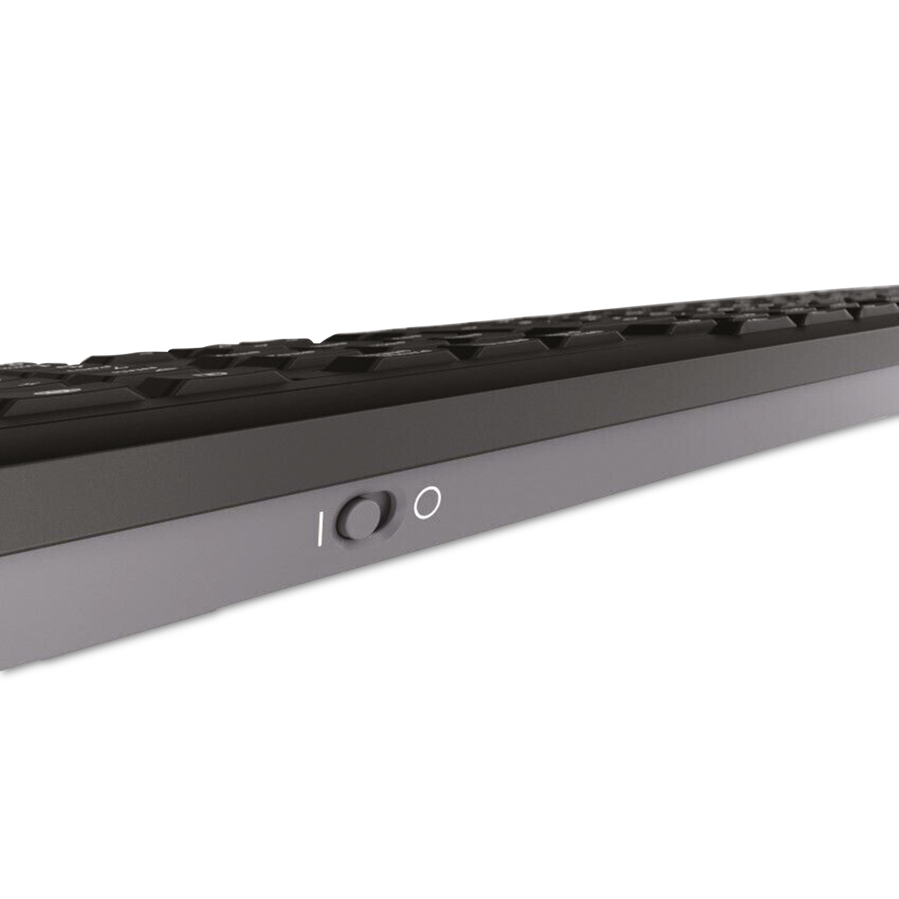 Zbliżenie klawiatury. Ma czarne klawisze i szarą podstawę z przyciskiem zasilania i białymi wskaźnikami.