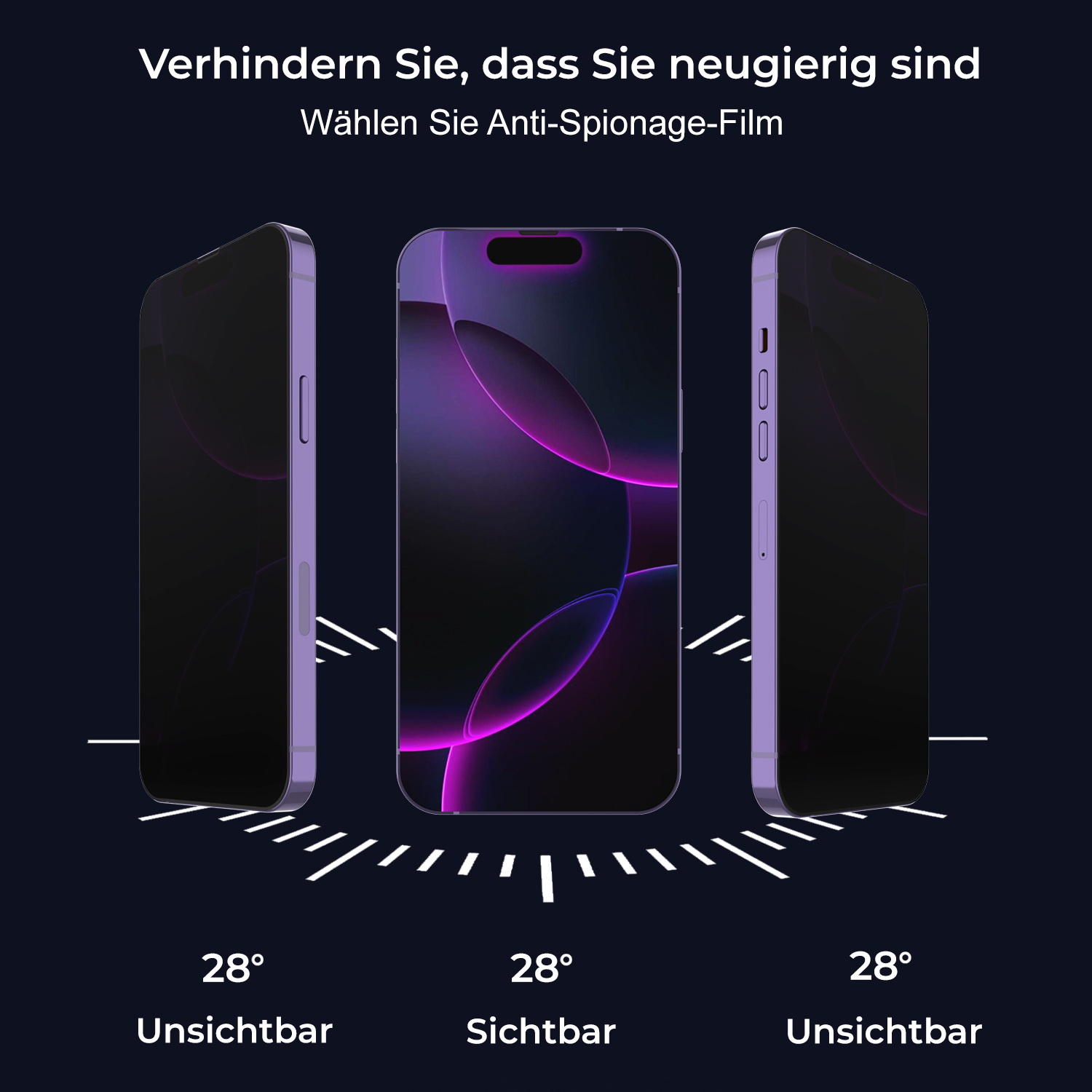 Drei Telefone zeigen Anti-Spionage-Folie. Das mittlere Telefon ist sichtbar, flankiert von zwei bei 28 Grad unsichtbaren. Text hebt die Privatsphäre hervor.