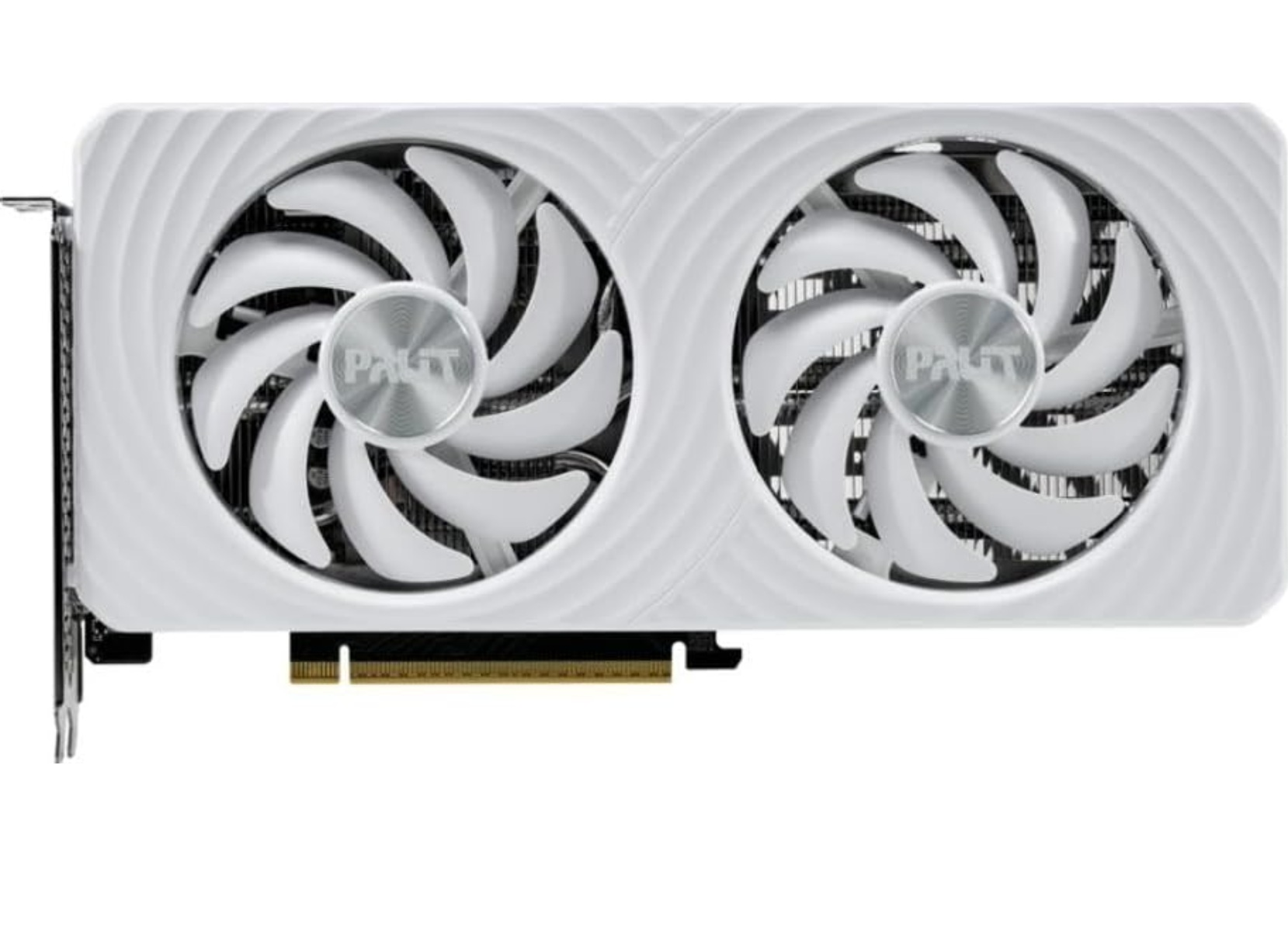 White graphics card with two fans, the brand name is 'PALIT'. The fans have multiple blades and are white.