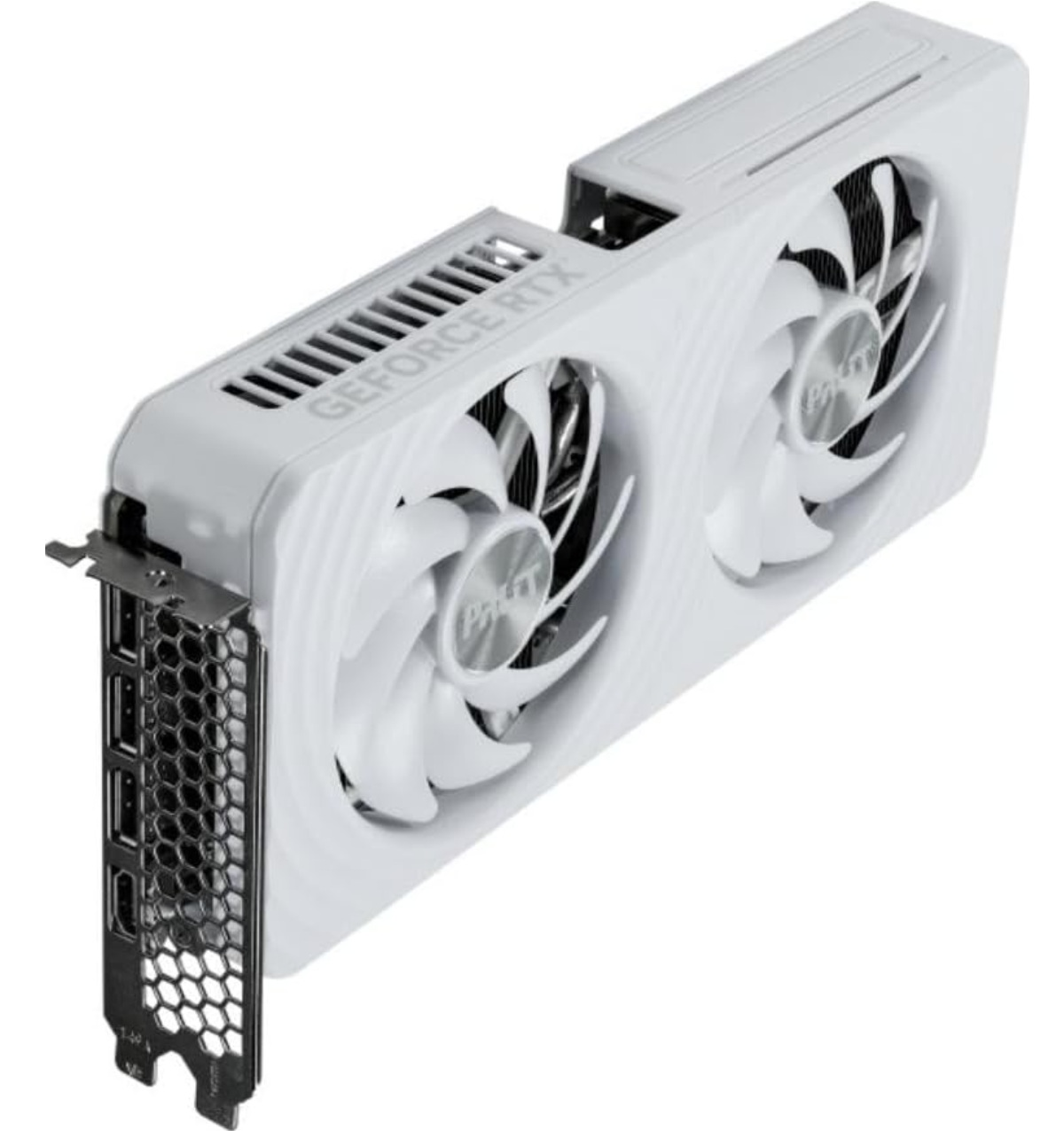 White graphics card with two fans. It has the GeForce RTX logo. The card has various ports and a metal bracket.