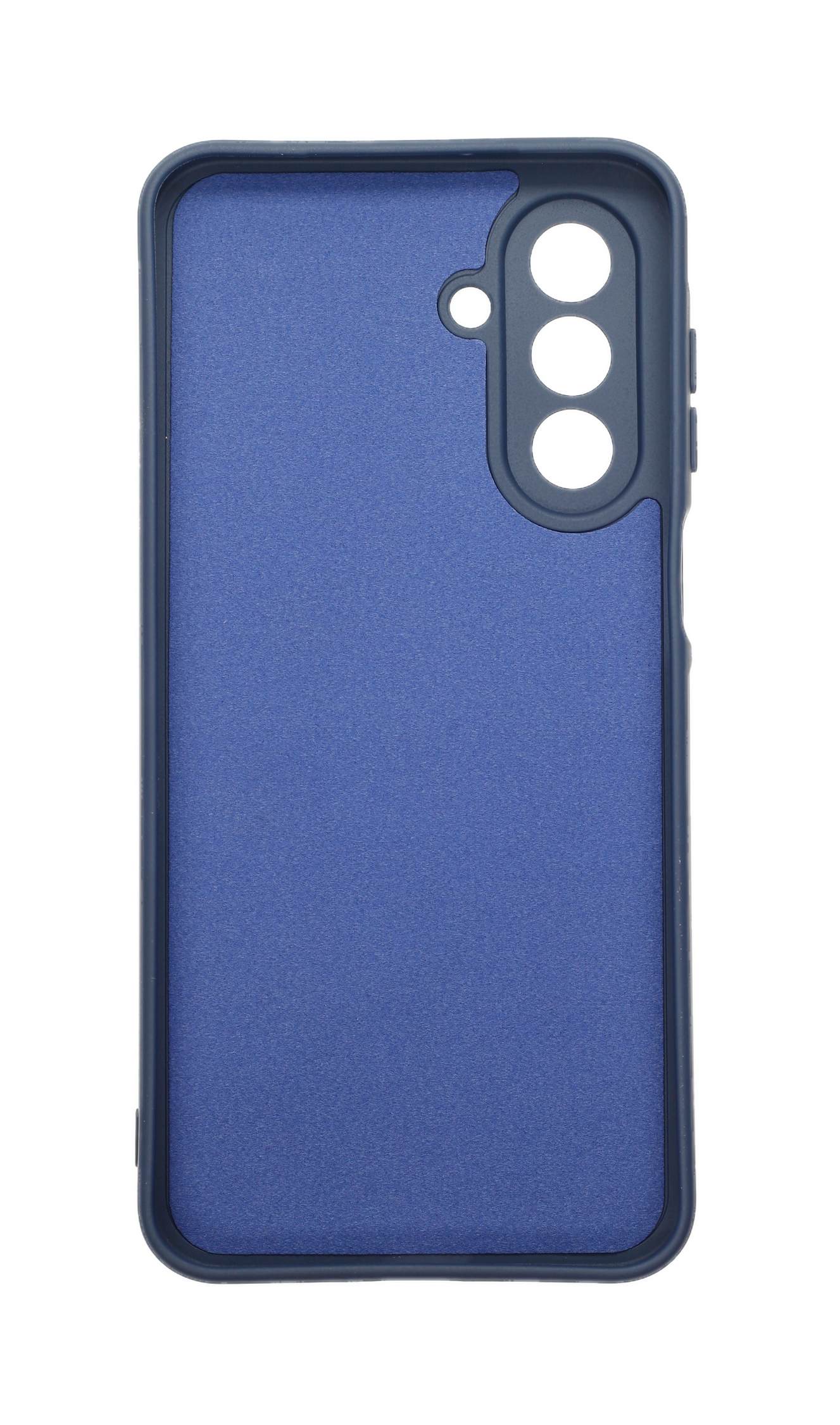 Eine blaue Handyhülle mit dunkelblauem Rahmen. Es hat Löcher für Kamera und Blitz.