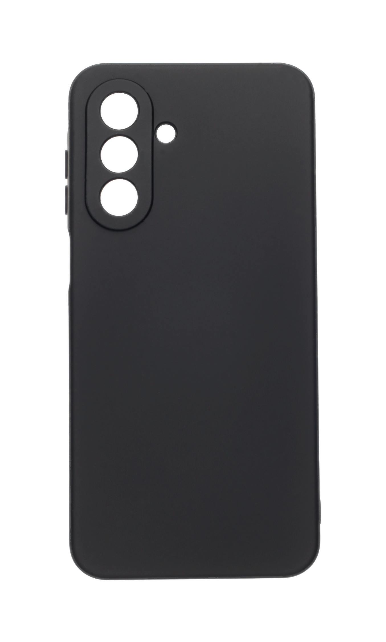 Schwarze Handyhülle auf weißem Hintergrund. Es hat Löcher für Kamera und Blitz. Einfaches und modernes Design.