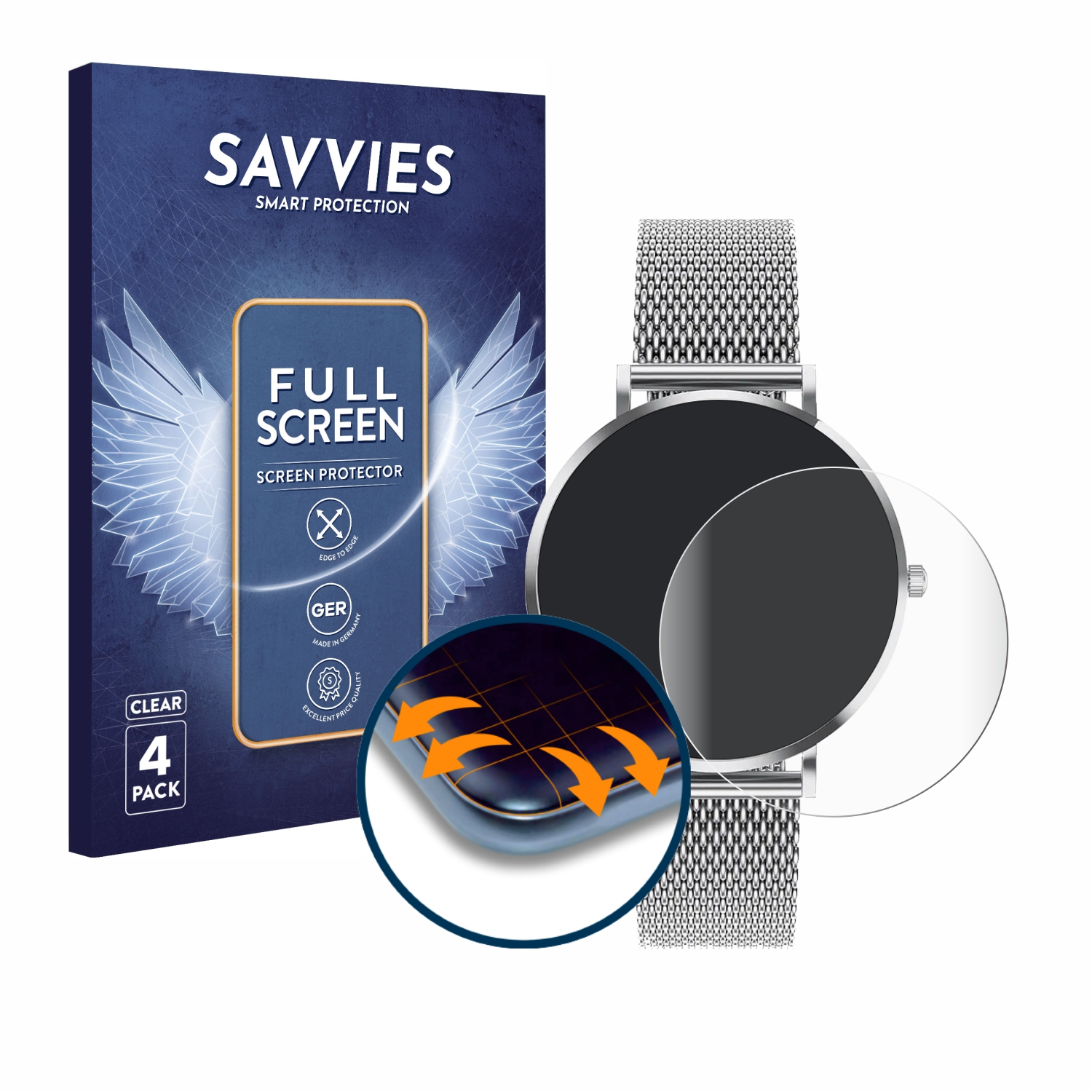 Ein Displayschutz mit einem Uhrenarmband und einer Box. Auf der Box steht SAVVIES, FULL SCREEN und CLEAR 4 PACK.