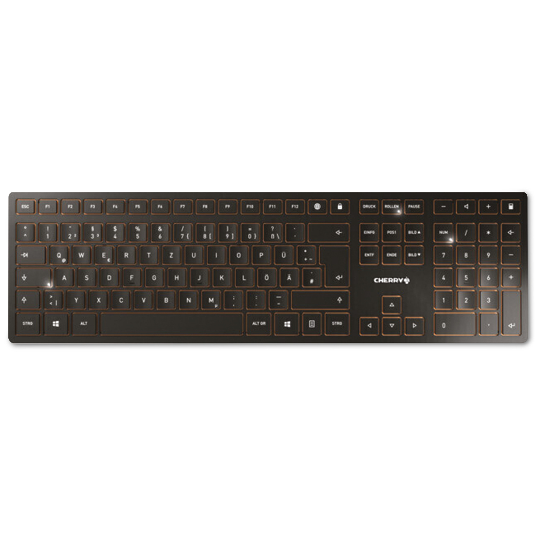 Czarna klawiatura z miedzianymi klawiszami. Zawiera klawisze funkcyjne, litery, cyfry i symbole specjalne.