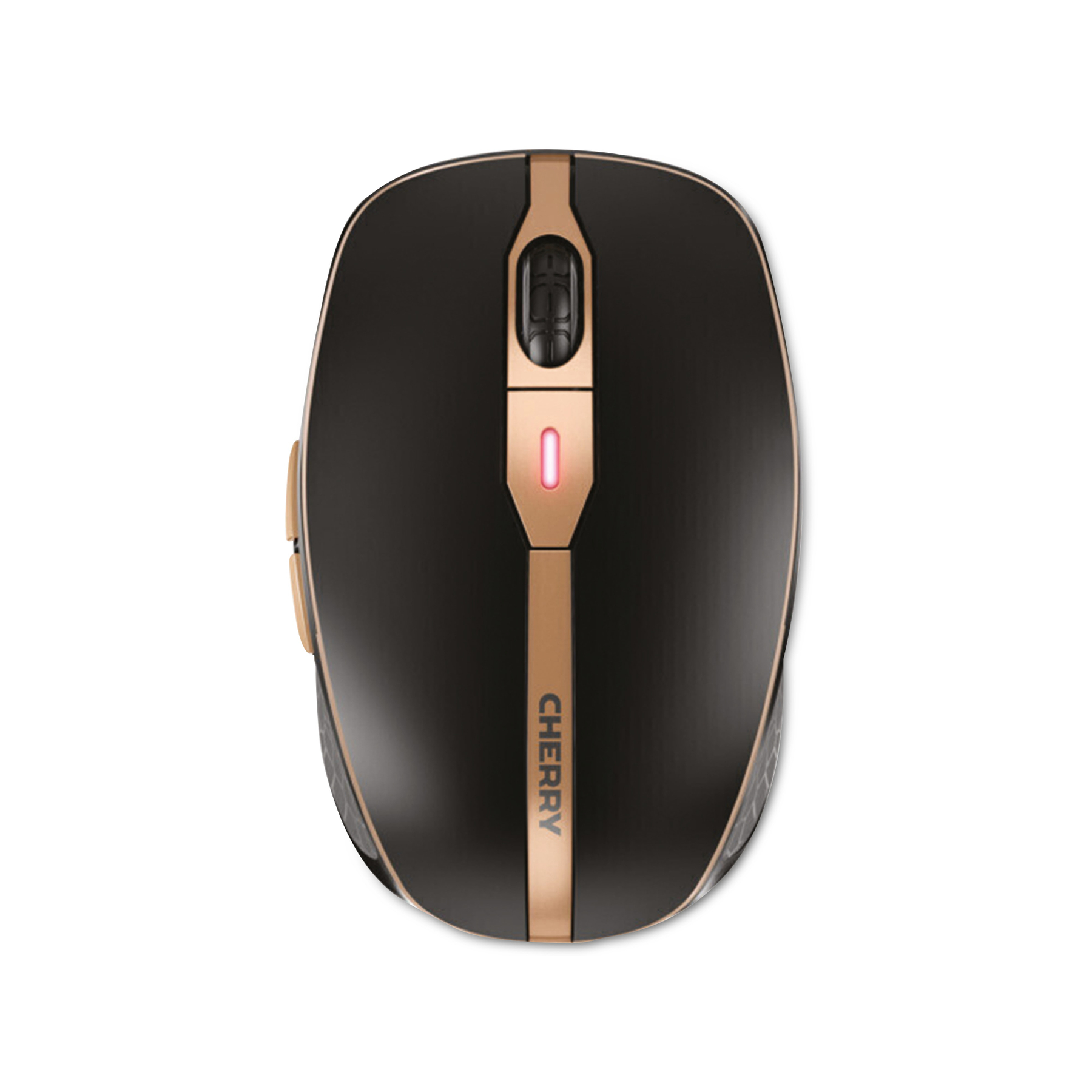 Czarna i złota mysz komputerowa. Ma kółko przewijania, przyciski i napis CHERRY. Tło jest białe.