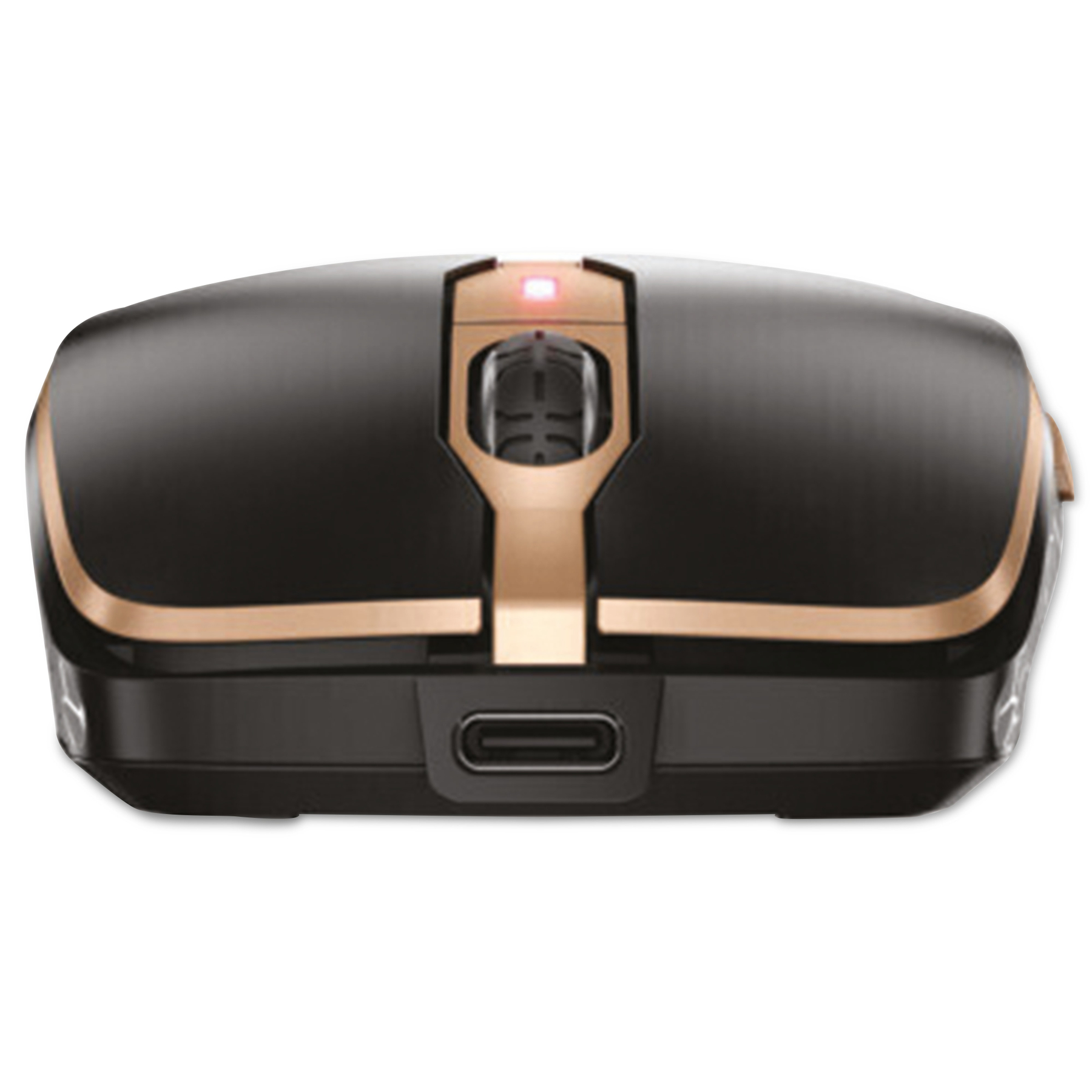 Czarna i złota mysz komputerowa. Ma czerwone światło na górze, port USB-C i złoty akcent.