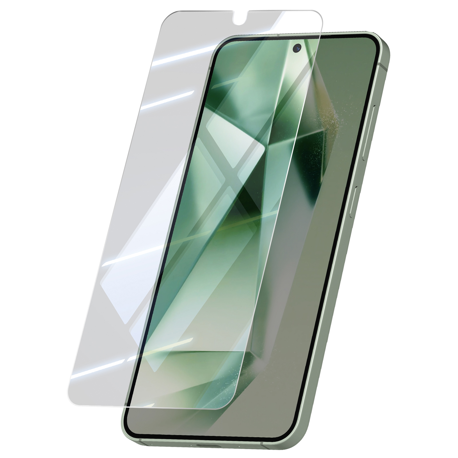 Uno smartphone con una protezione per lo schermo. Il telefono è verde e la protezione è trasparente. Entrambi sono leggermente angolati.