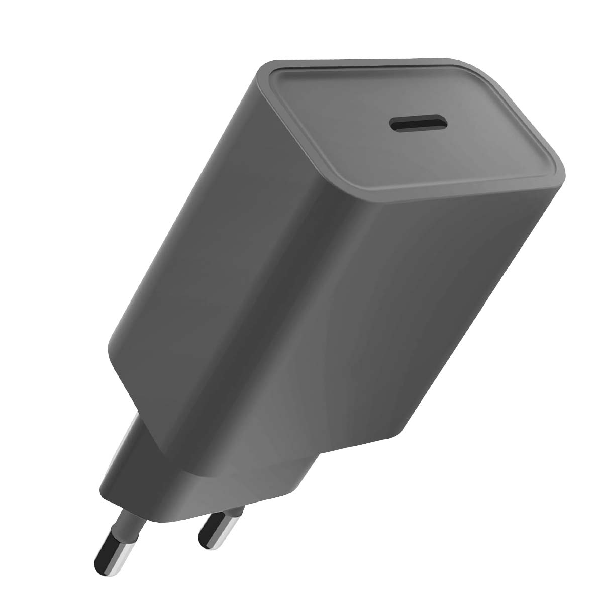 Un caricabatterie grigio per telefono con una parte superiore rettangolare e due spine. Il caricabatterie è leggermente angolato. Lo sfondo è bianco.