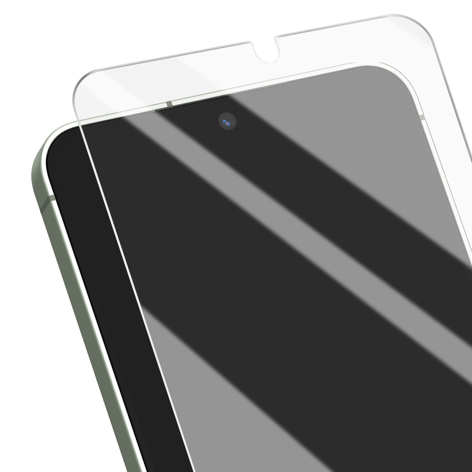 Primo piano di schermo smartphone con protezione. Lo schermo è nero, con fotocamera frontale. La protezione è trasparente.