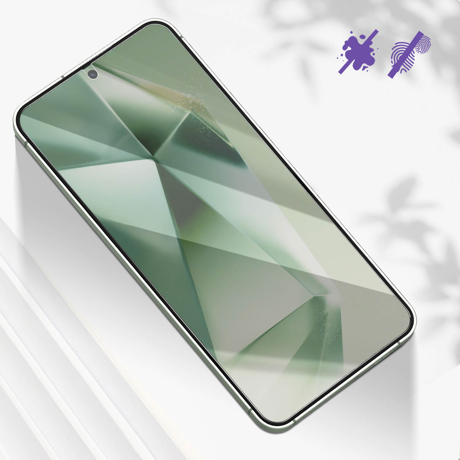 Un proteggi schermo con un design geometrico. Sono presenti simboli di resistenza alle sbavature e alle impronte digitali.