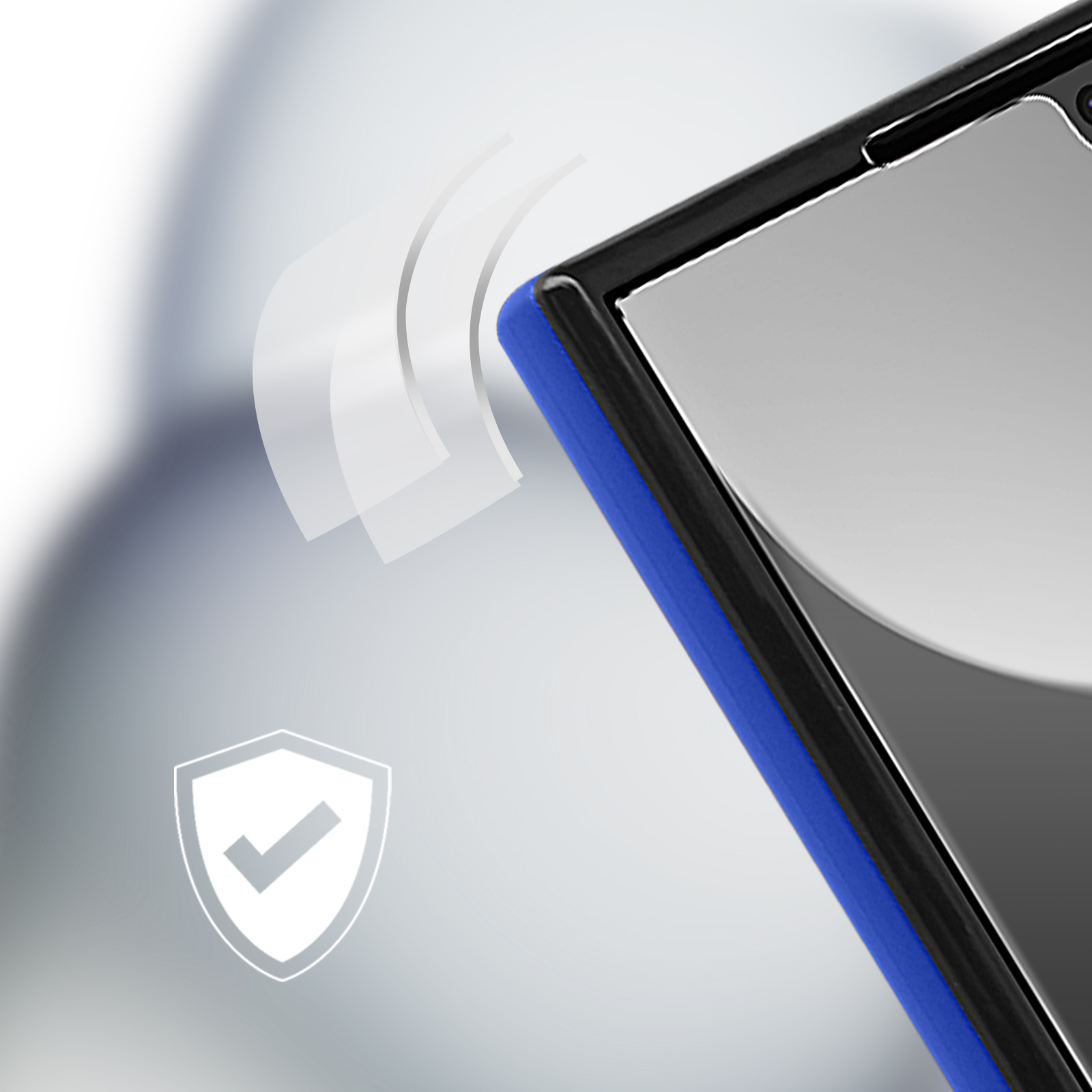 Un angolo di smartphone con bordo blu, cornice nera e schermo grigio. Un'icona scudo bianca a sinistra.