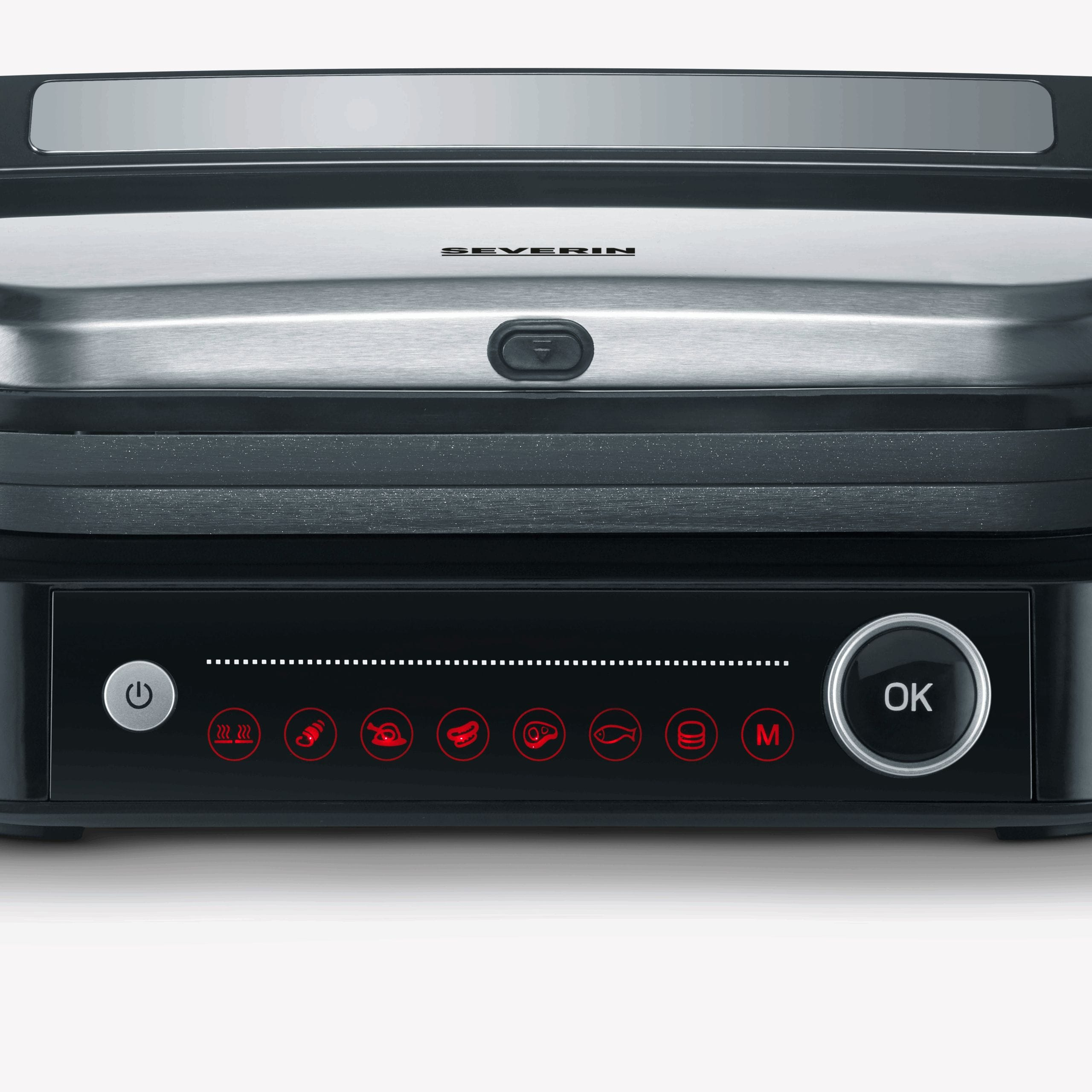 Een zwarte en stalen grill met rood verlichte knoppen. De merknaam SEVERIN is zichtbaar. De achtergrond is wit.