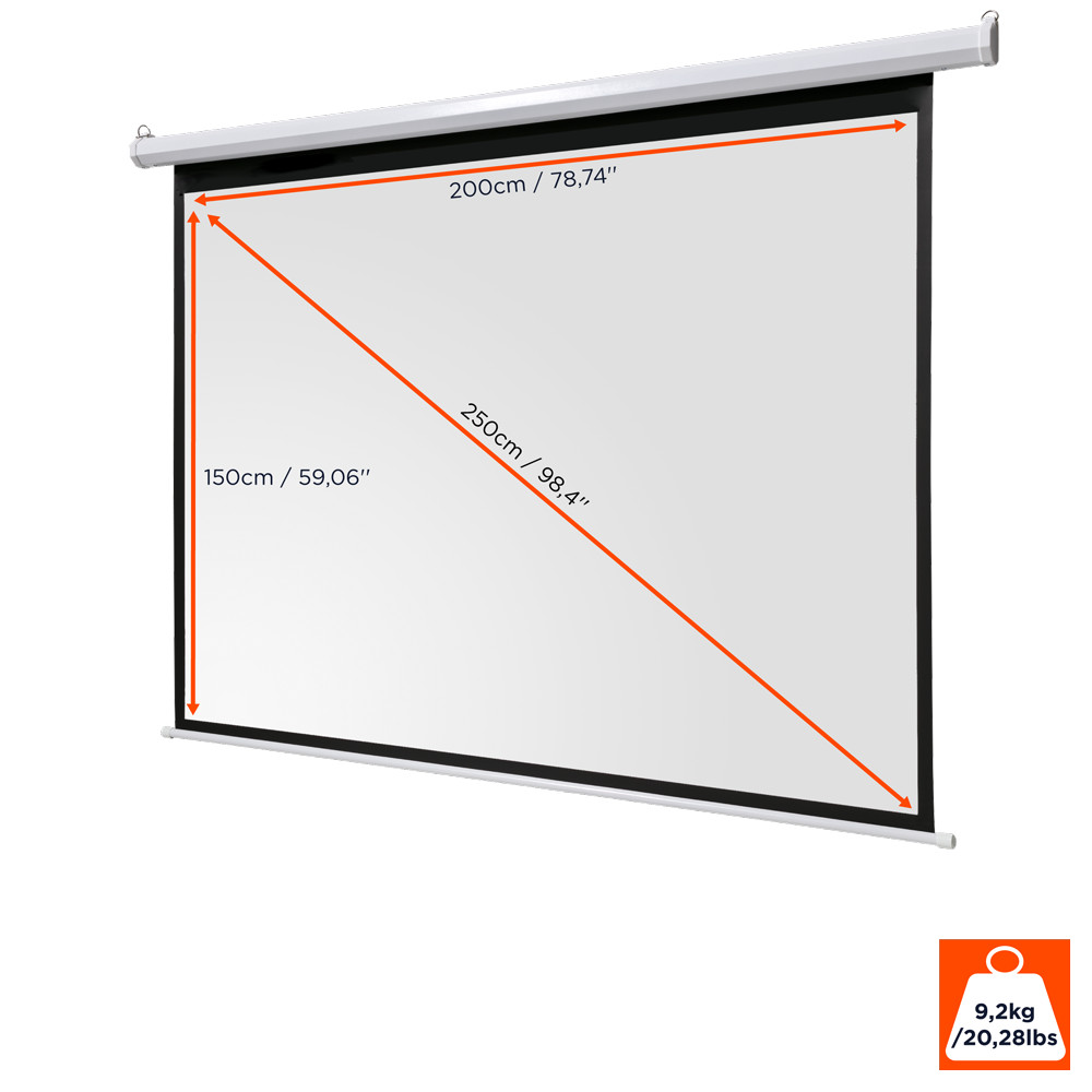 Eine weiße Projektorleinwand mit Maßangaben. Sie hat schwarze Ränder und ein silbernes Gehäuse. Die Abmessungen sind 150 cm, 200 cm und 250 cm.