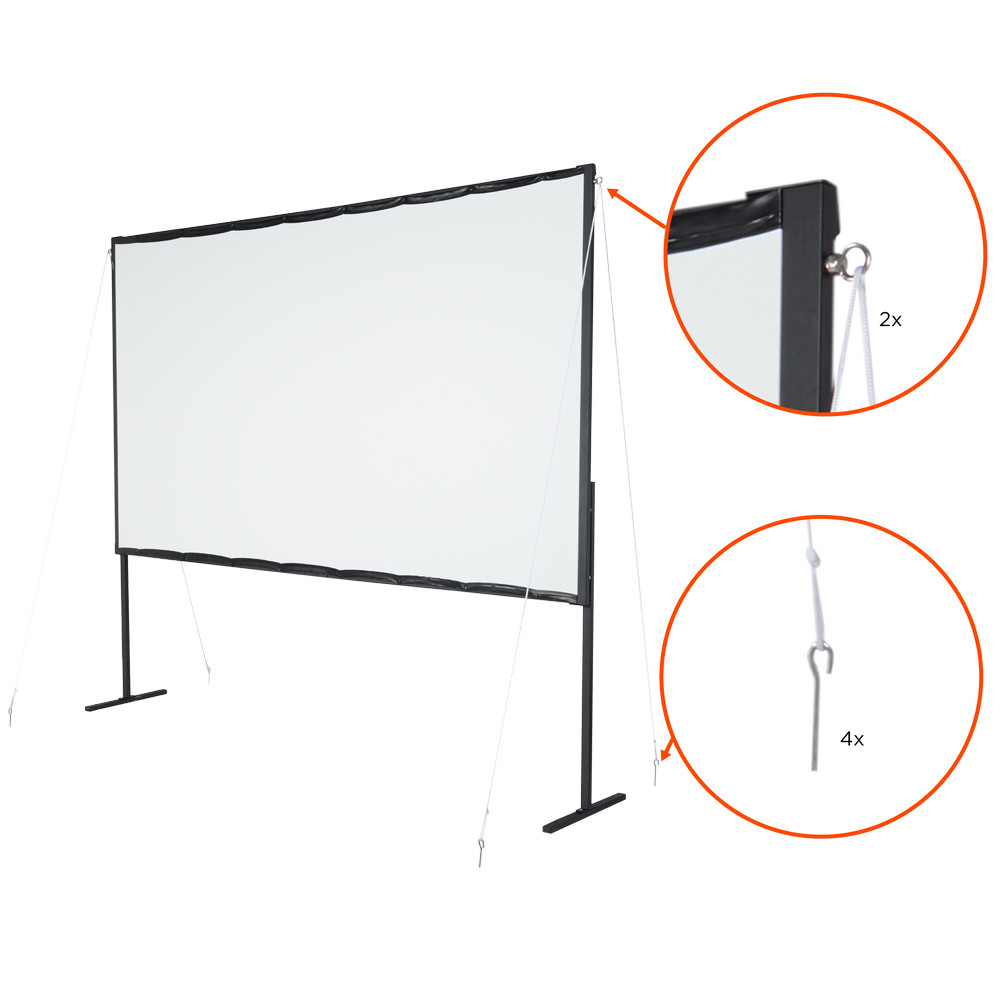 Tragbare Projektionsleinwand mit schwarzem Rahmen und weißer Leinwand. Details zeigen Haken und Seile.