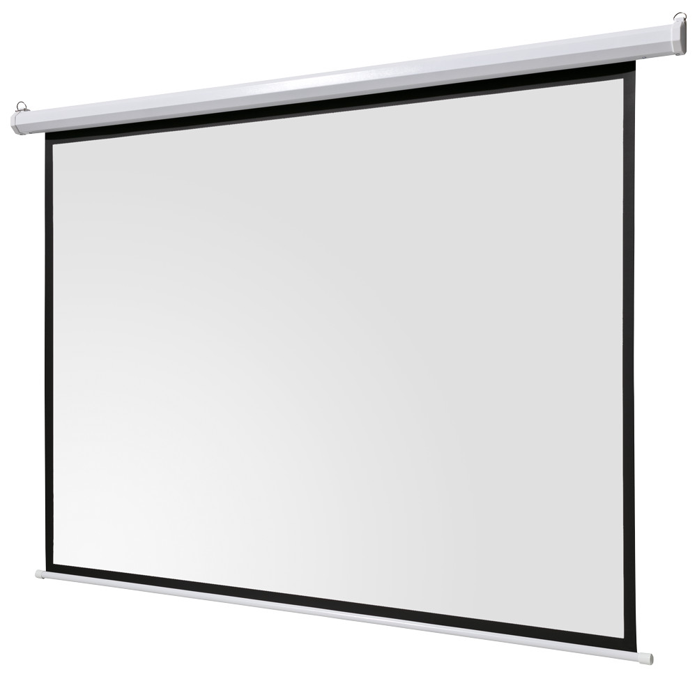 Eine weiße Projektorleinwand, schwarzer Rand und weißes Gehäuse. Der Bildschirm hängt und ist bereit für Präsentationen.