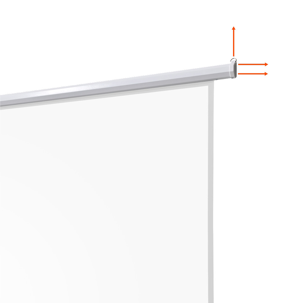 Teilweise sichtbare weiße Projektorleinwand mit weißem Gehäuse. Orangefarbene Pfeile, die nach rechts und oben zeigen.