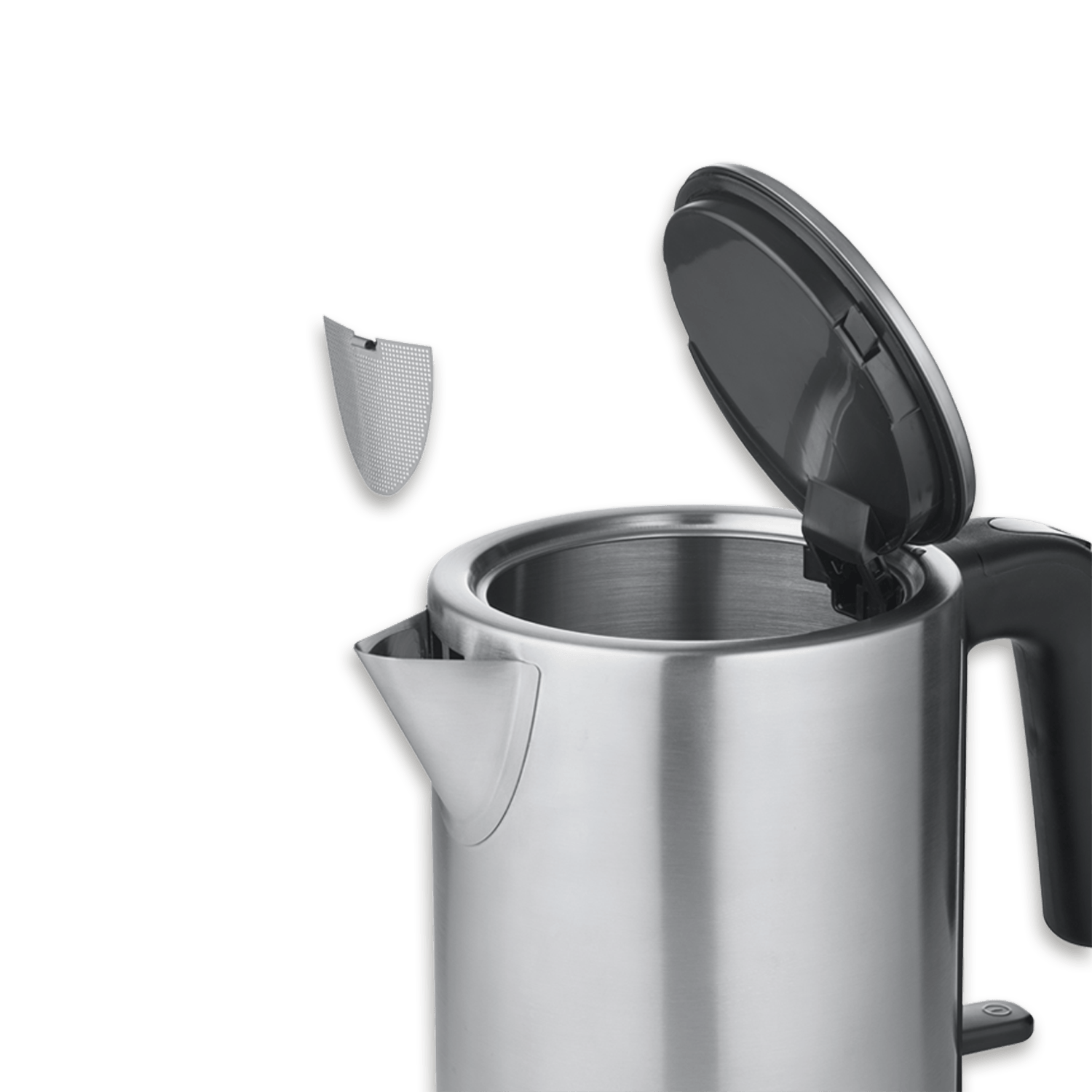 Czajnik ze stali nierdzewnej z otwartą pokrywą. Filtr jest odłączony i unosi się. Zielone tło.