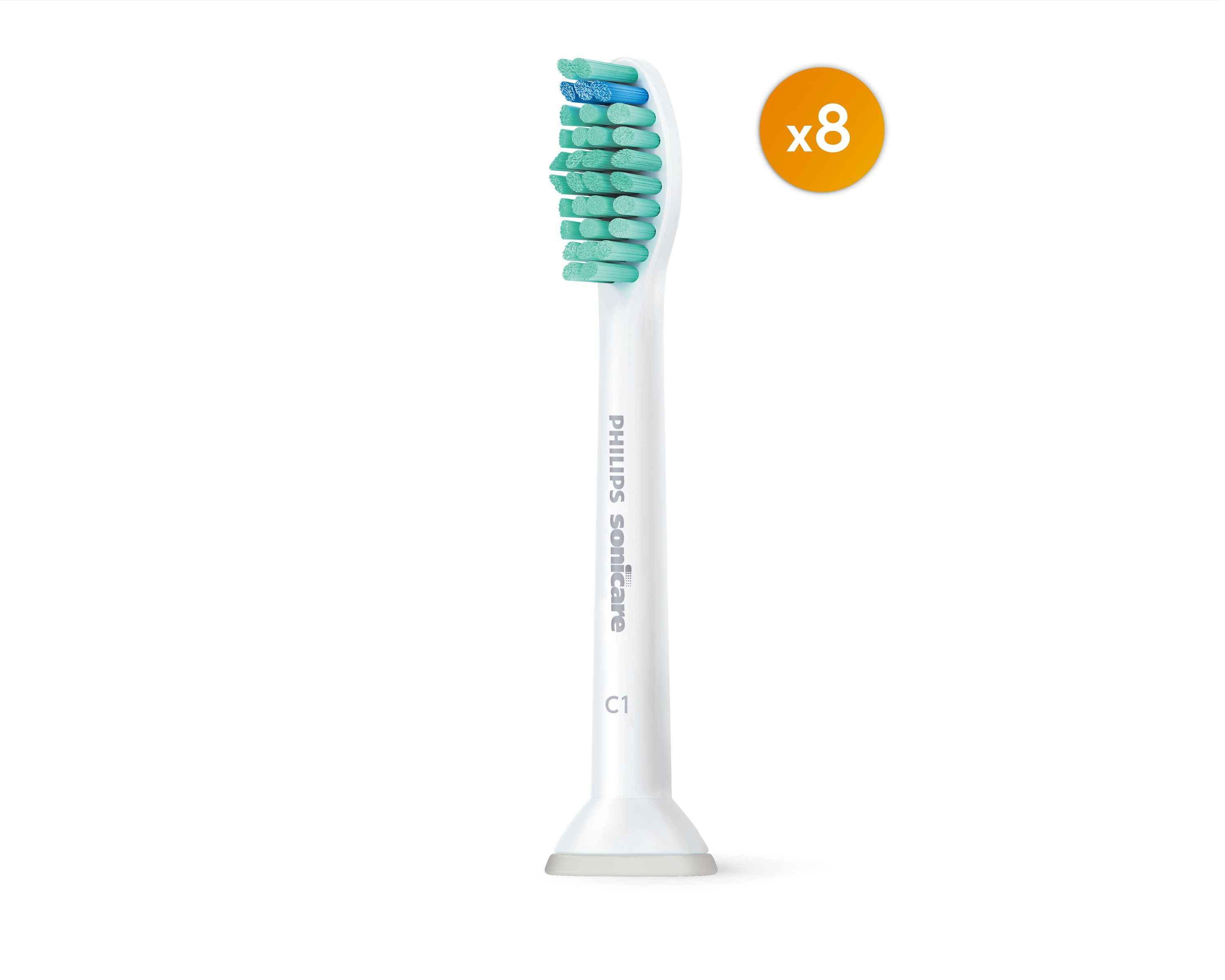 A white Philips Sonicare toothbrush head with green and blue bristles. An orange circle with 'x8' is on the right.