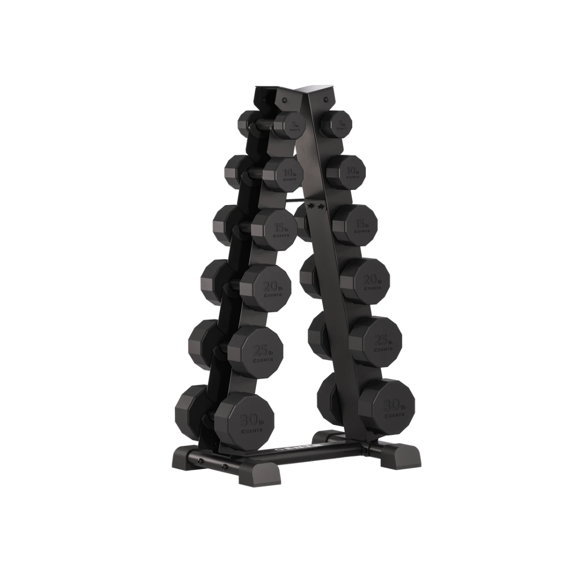 A black dumbbell rack with multiple dumbbells of varying weights. The rack is on a white background.