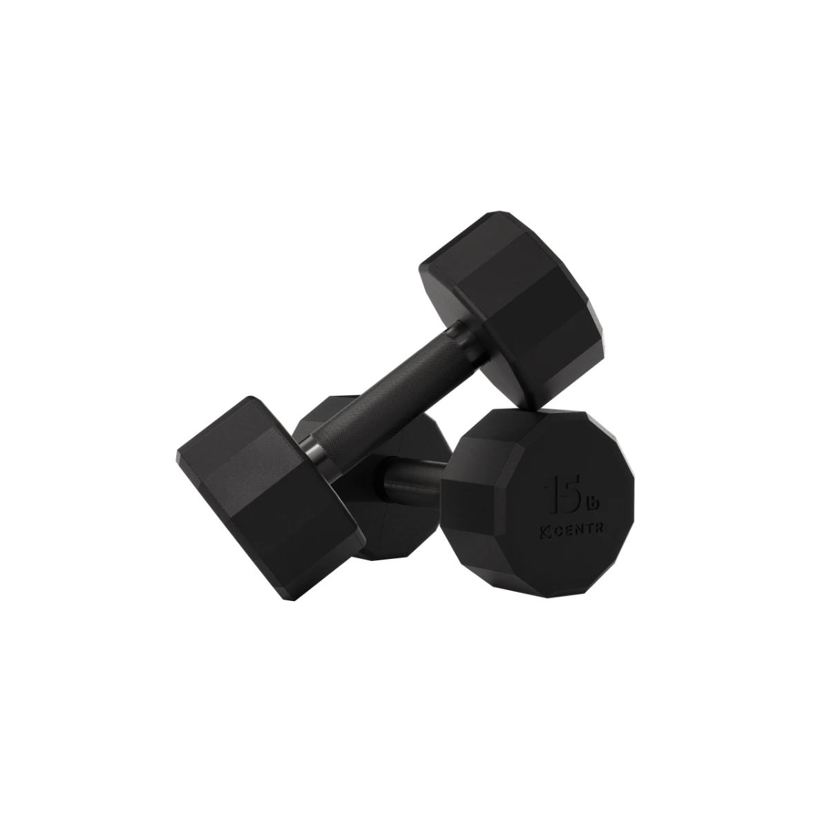 Two black dumbbells on a white background. One dumbbell is lying down, the other is on top. Each has a 15lb marking.