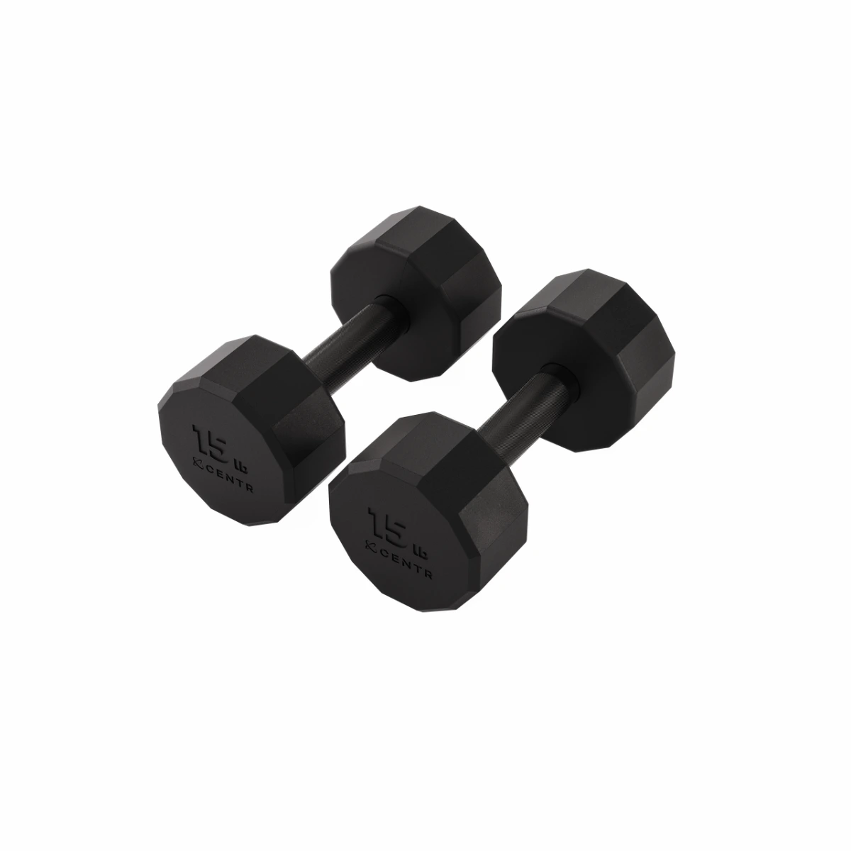 Two black 15 lb dumbbells on a white background. Each dumbbell has a hexagonal head and a cylindrical handle.