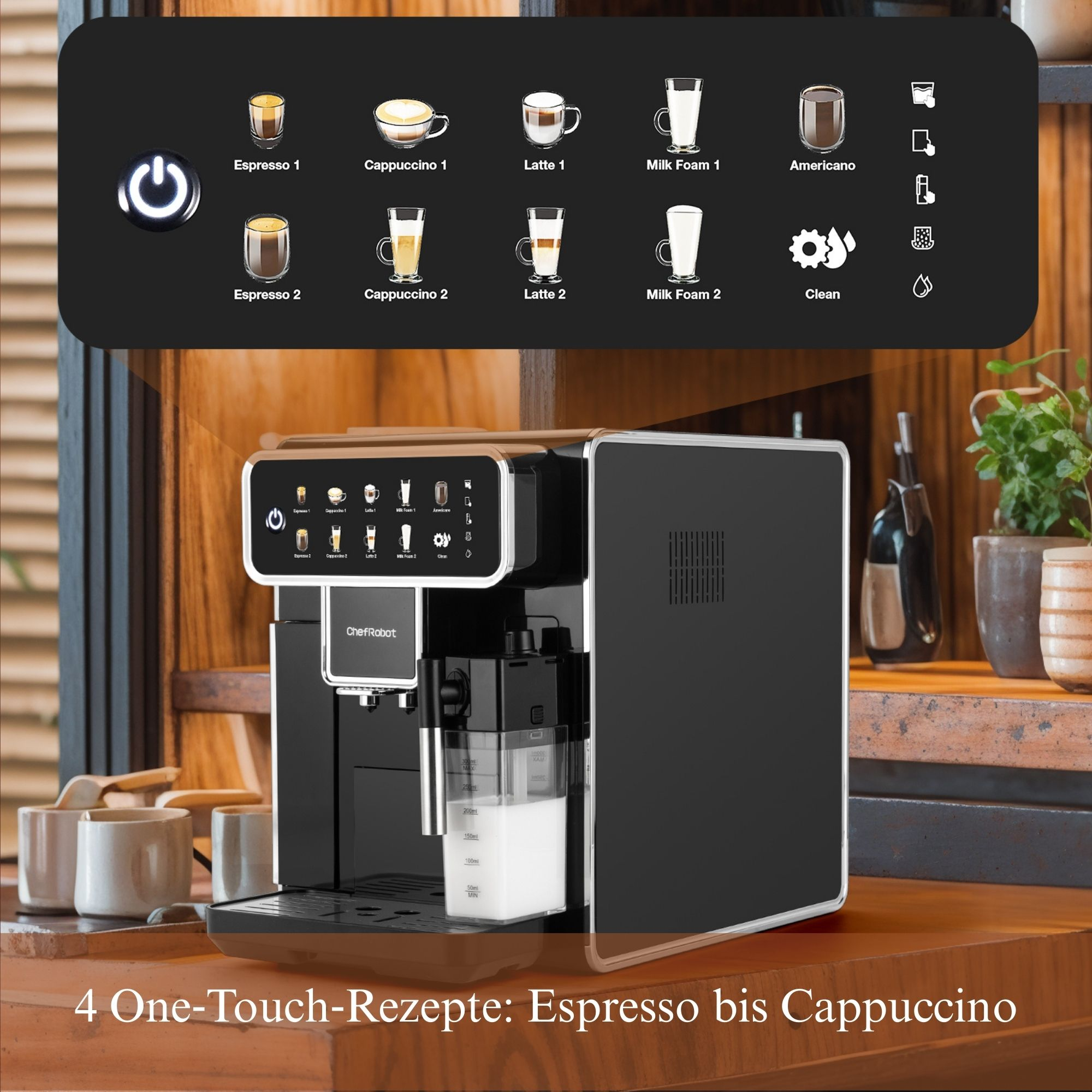 Eine Kaffeemaschine mit verschiedenen Getränkeoptionen. Es hat ein Touchscreen-Panel und einen Milchbehälter.