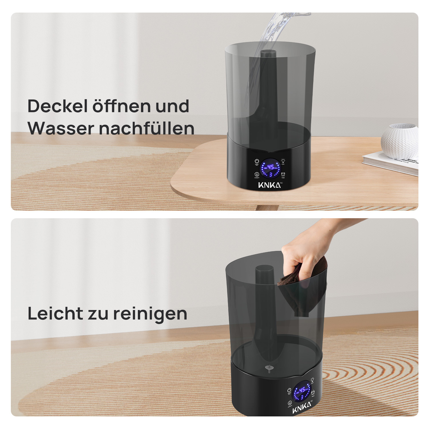 Ein Luftbefeuchter wird in zwei Szenarien gezeigt: Befüllen mit Wasser und Reinigen. Das Gerät ist schwarz mit Digitalanzeige.