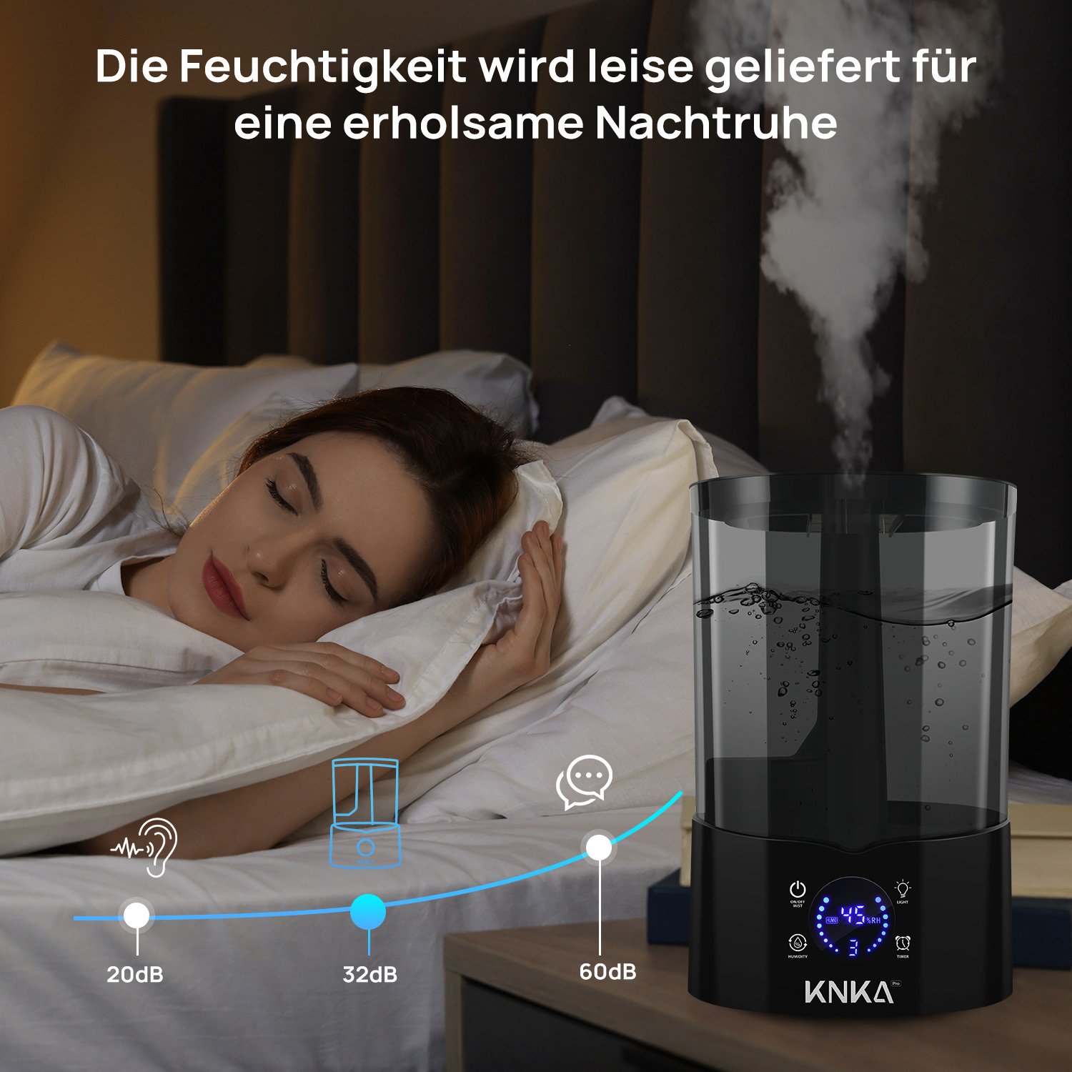 Eine Frau schläft friedlich im Bett. Ein Luftbefeuchter stößt Dampf aus. Text: 'Die Feuchtigkeit wird leise geliefert für eine erholsame Nachtruhe'.