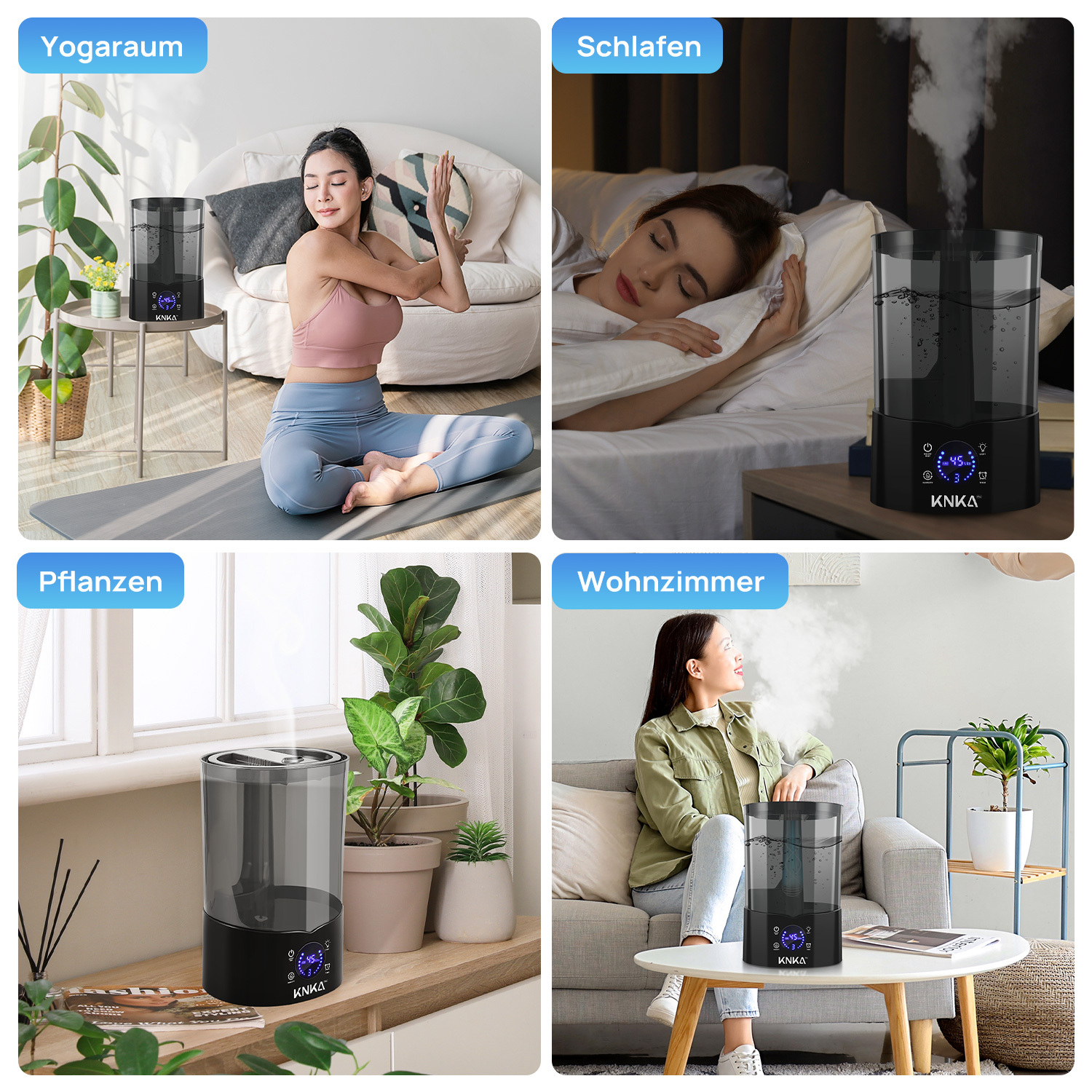 Das Bild zeigt vier Szenen: Yogaraum, Schlafzimmer, Pflanzen und Wohnzimmer. Jedes hat einen Luftbefeuchter. Menschen benutzen oder sind in der Nähe der Luftbefeuchter.
