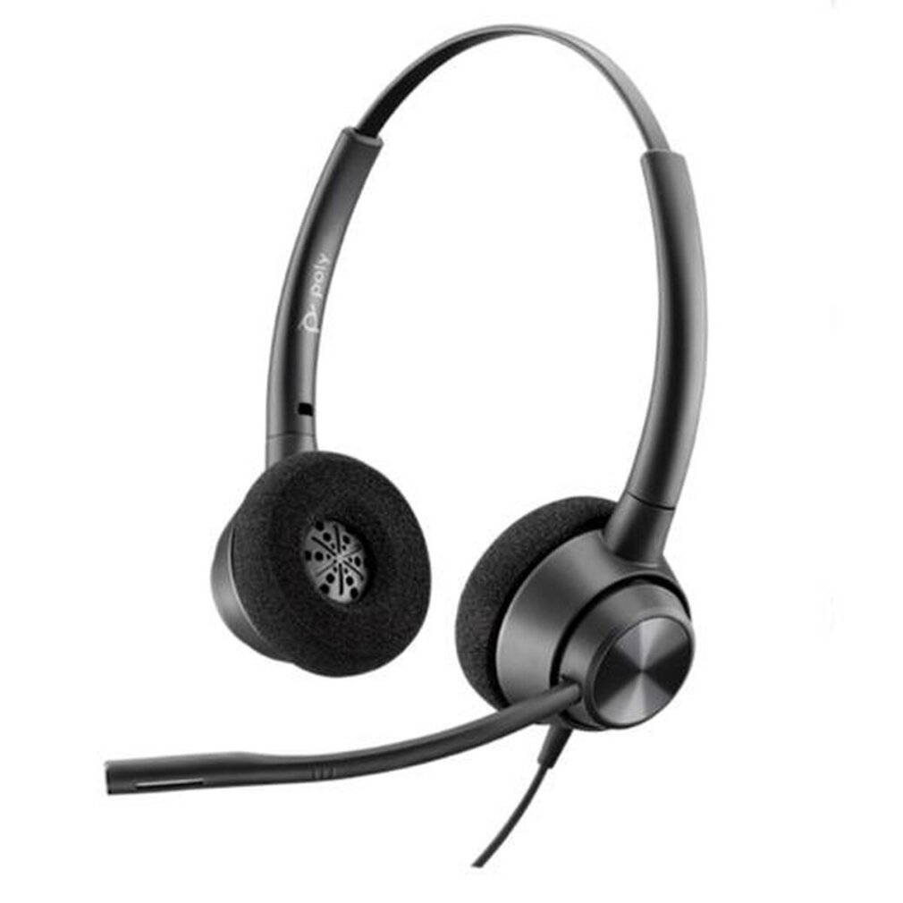 Un auricular negro Poly con micrófono. Tiene dos auriculares, una diadema y un micrófono de brazo.