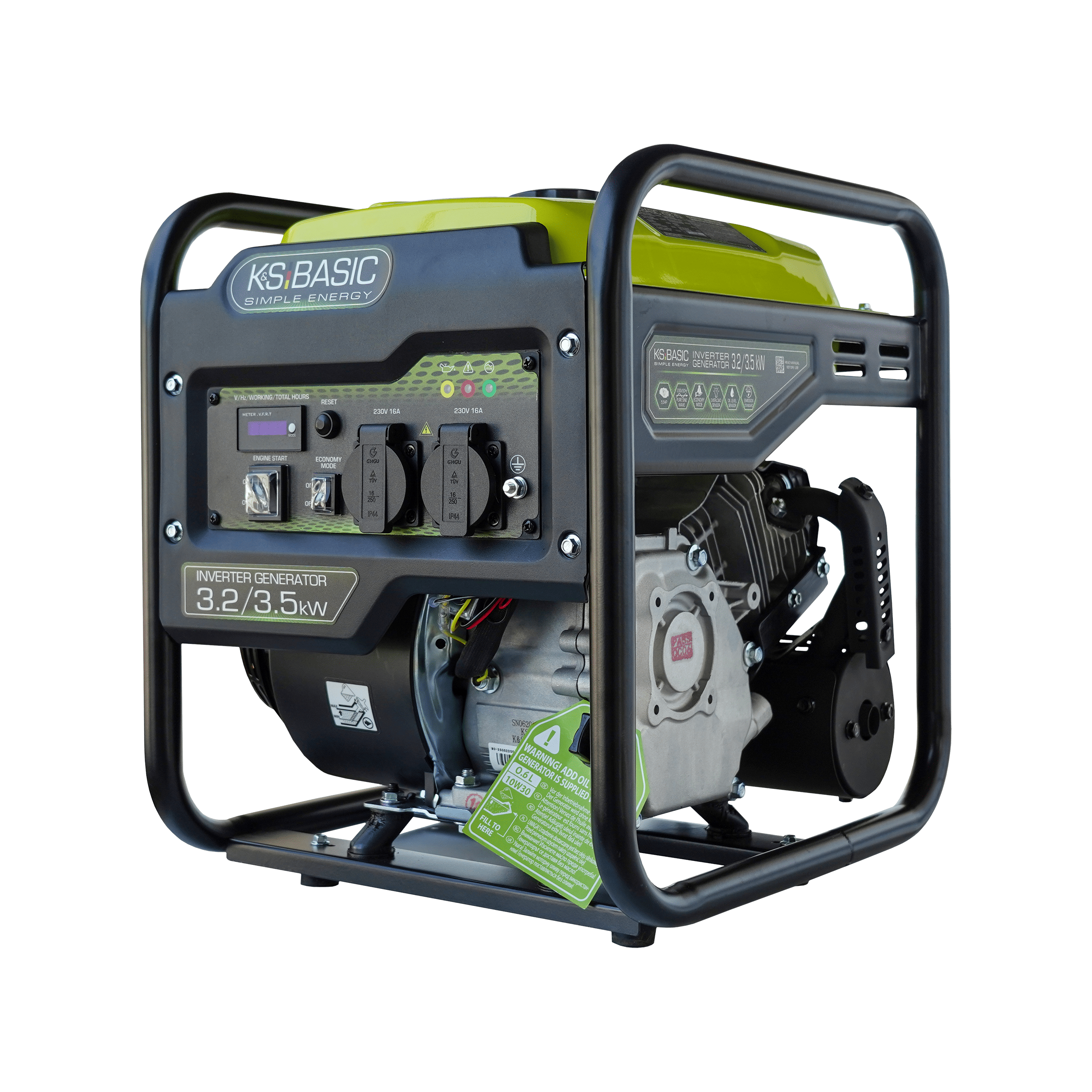 Przenośny generator z czarną ramą, czarnym i żółtym blatem oraz panelem sterowania z przełącznikami i gniazdami.