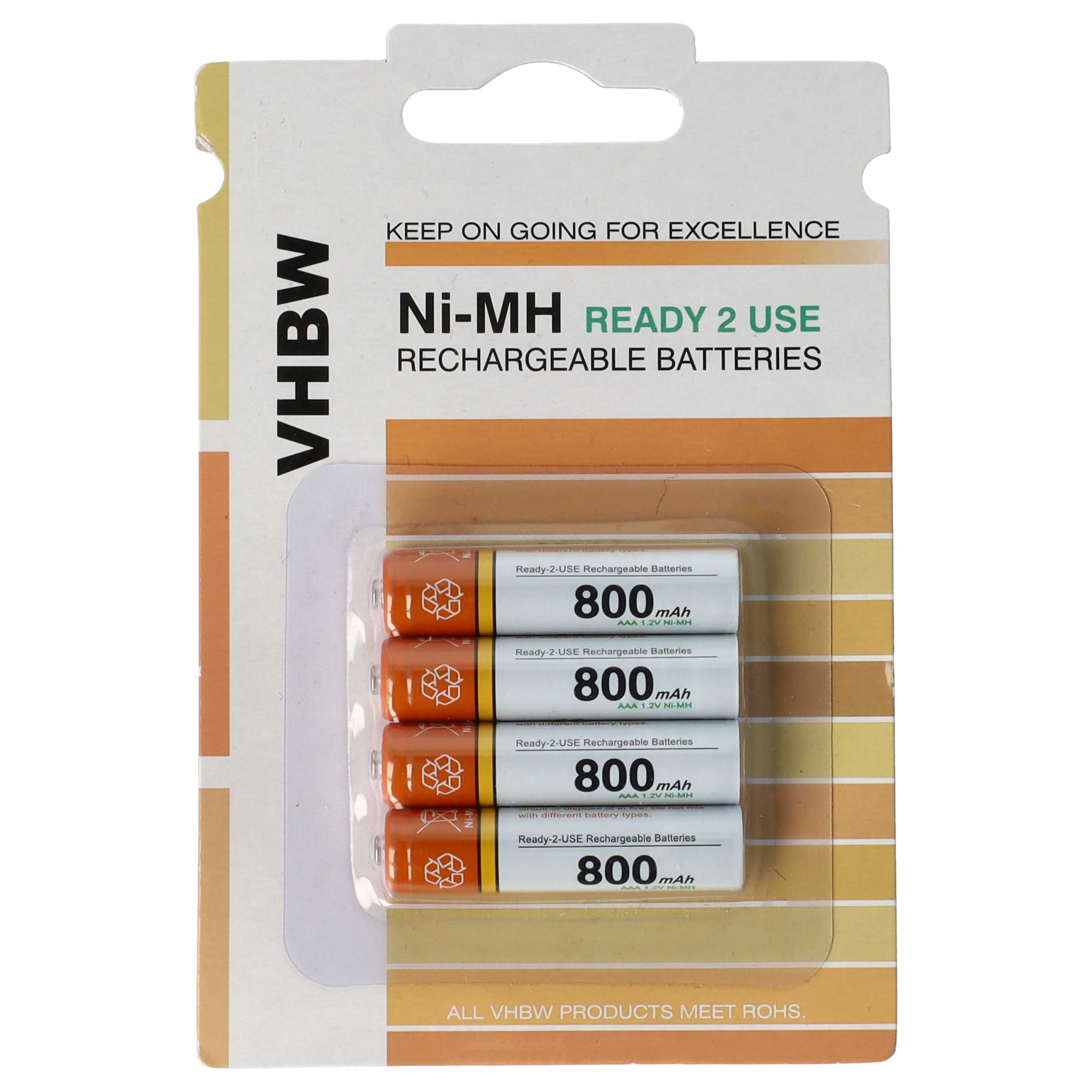 Eine Batteriepackung mit vier orangefarbenen AAA-Akkus. Text: 'Ni-MH READY 2 USE' und '800 mAh'.