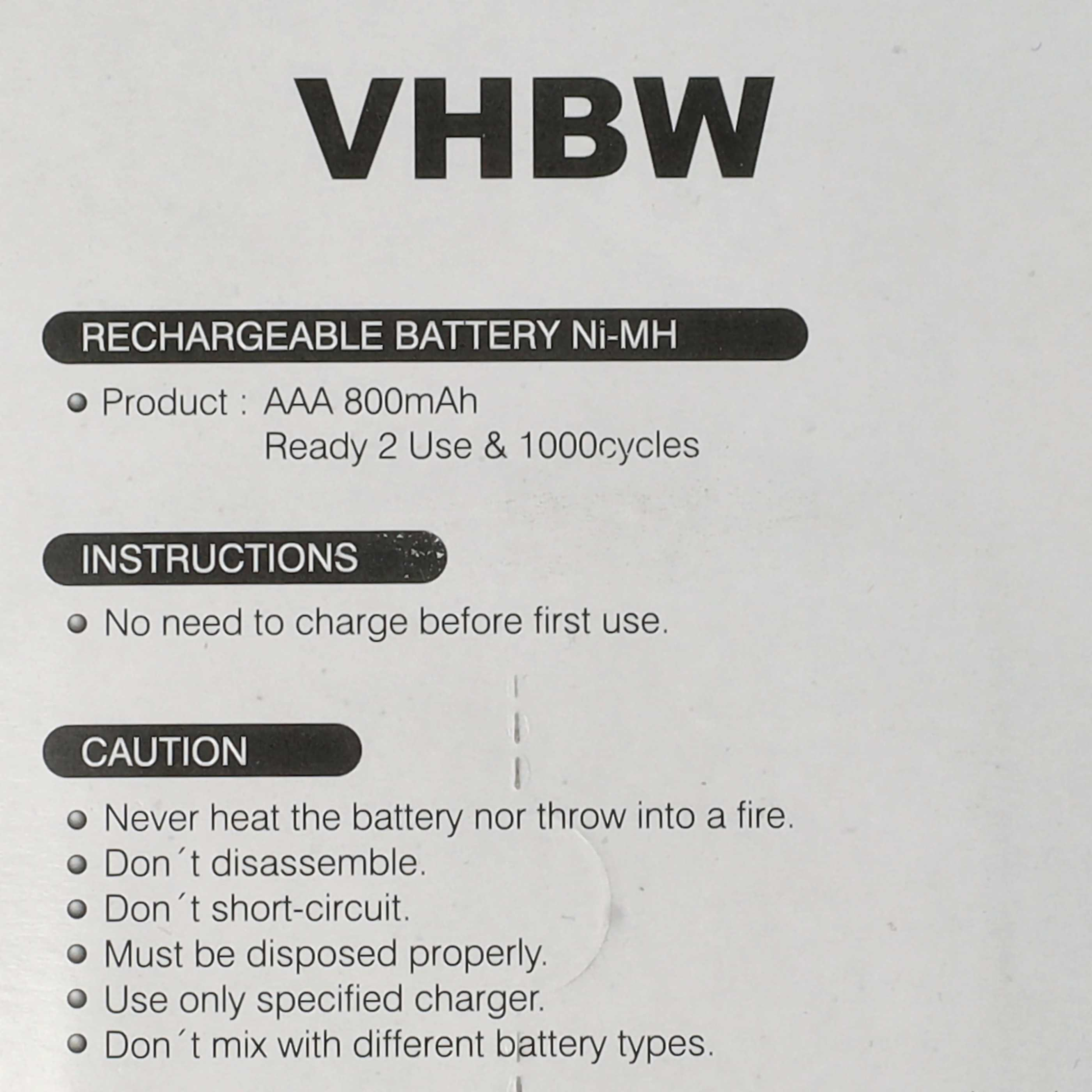 Weißer Hintergrund mit schwarzem Text, der eine wiederaufladbare Batterie beschreibt. Anweisungen und Vorsichtshinweise sind aufgeführt.