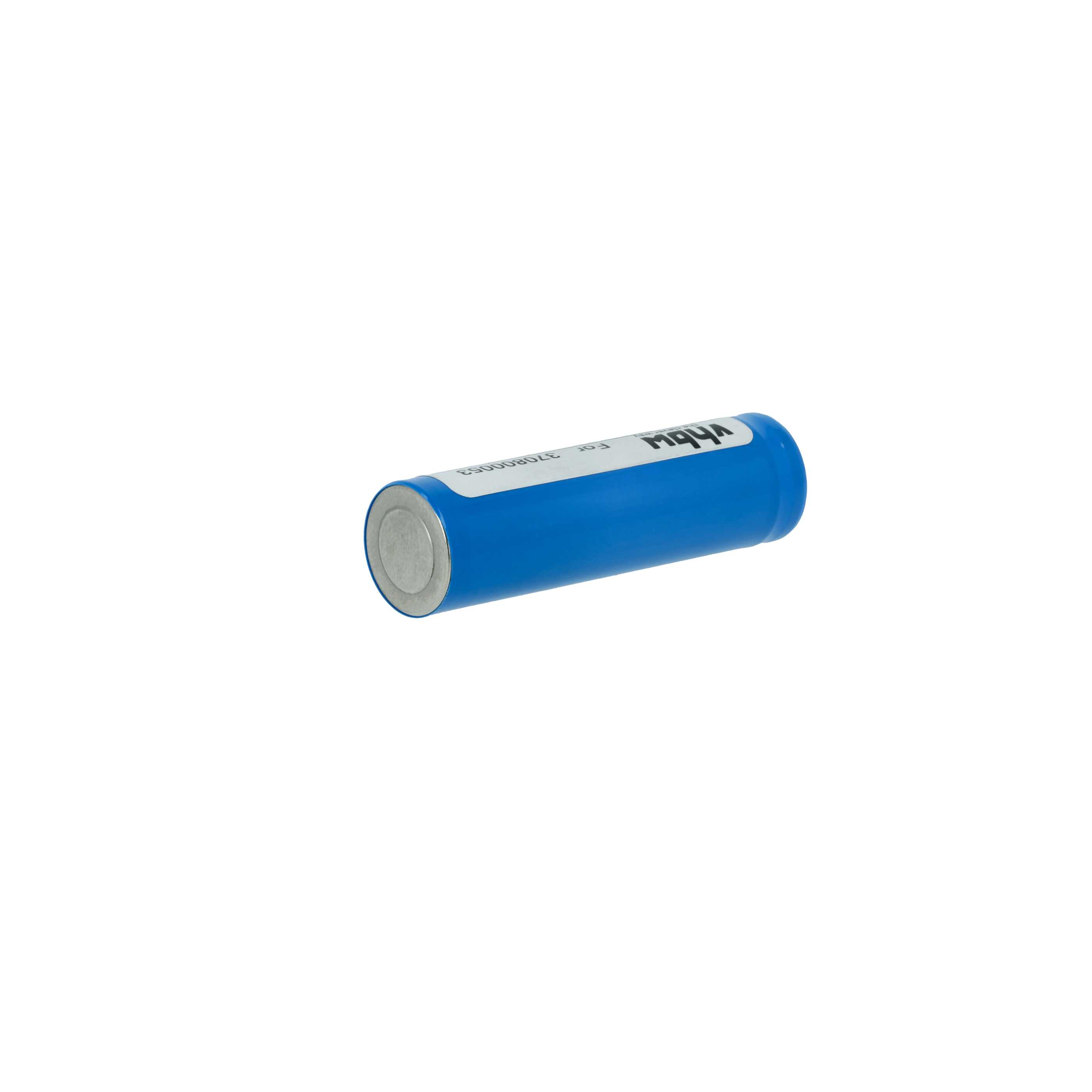 Eine blaue zylindrische Batterie mit weißem Text auf weißem Hintergrund. Die Batterie hat ein silbernes Ende.