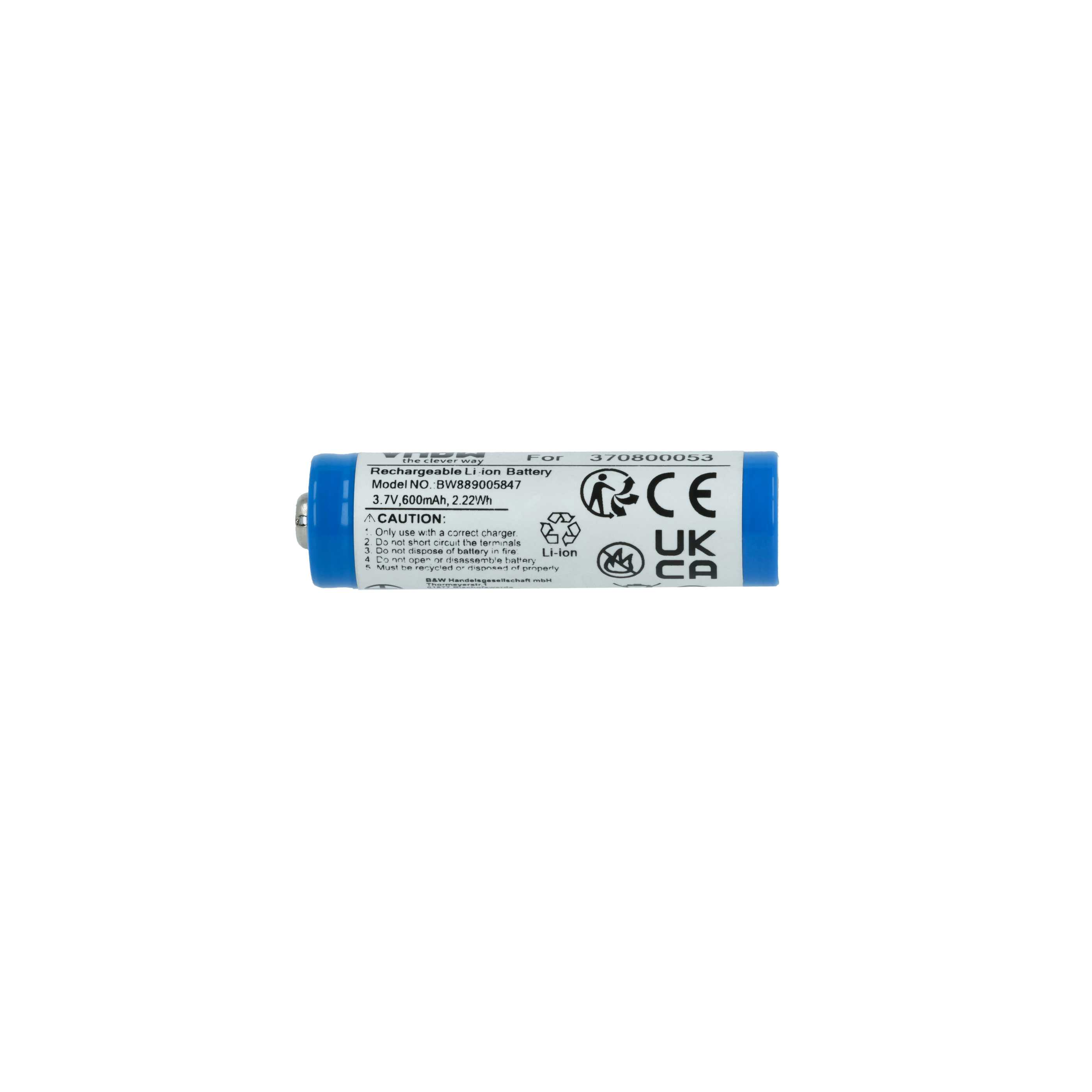 Eine blaue und weiße wiederaufladbare Li-Ionen-Batterie. Text enthält Modellnummer, Spannung und Warnhinweise.
