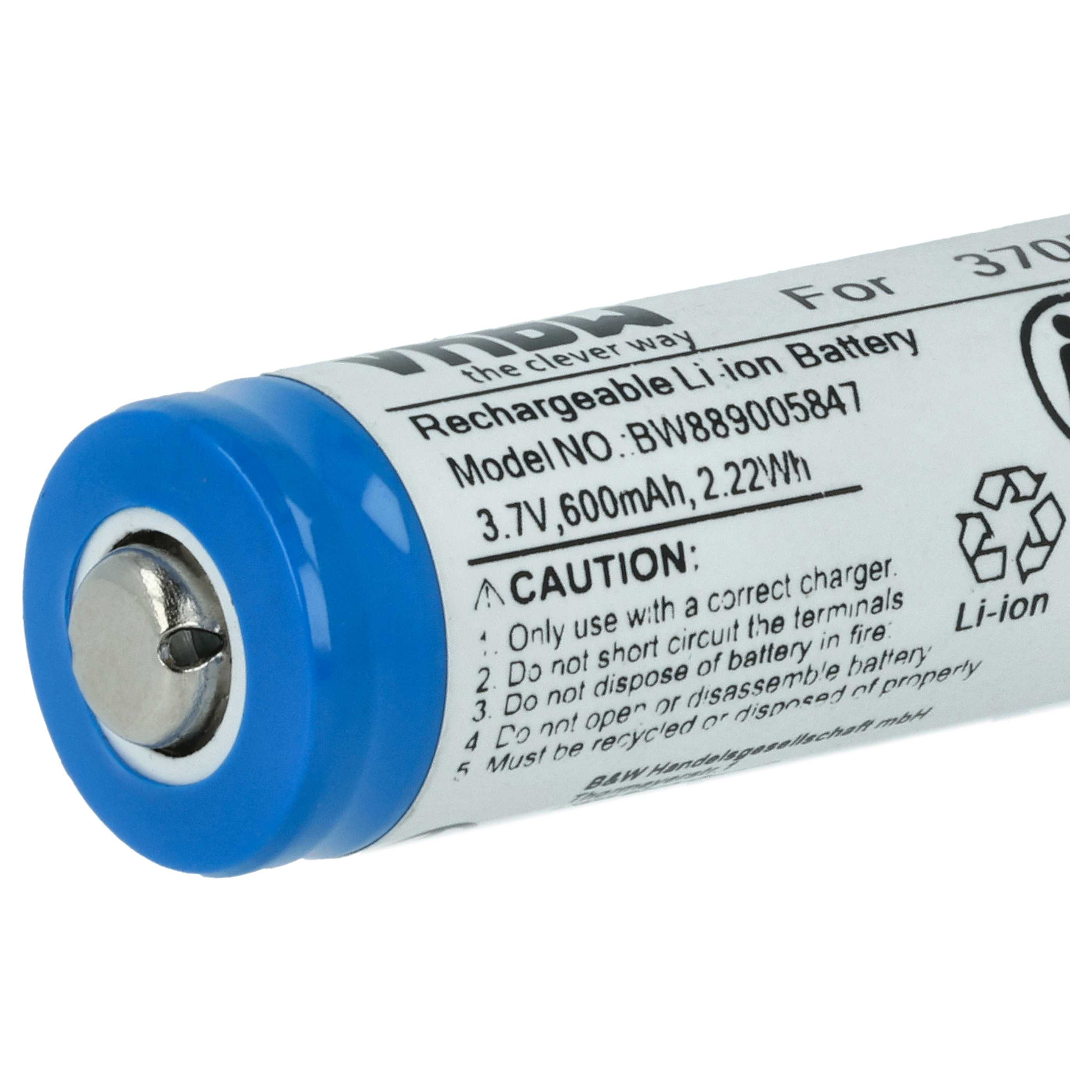 Eine blaue und weiße wiederaufladbare Li-Ionen-Batterie. Text enthält Modellinfos und Warnhinweise.